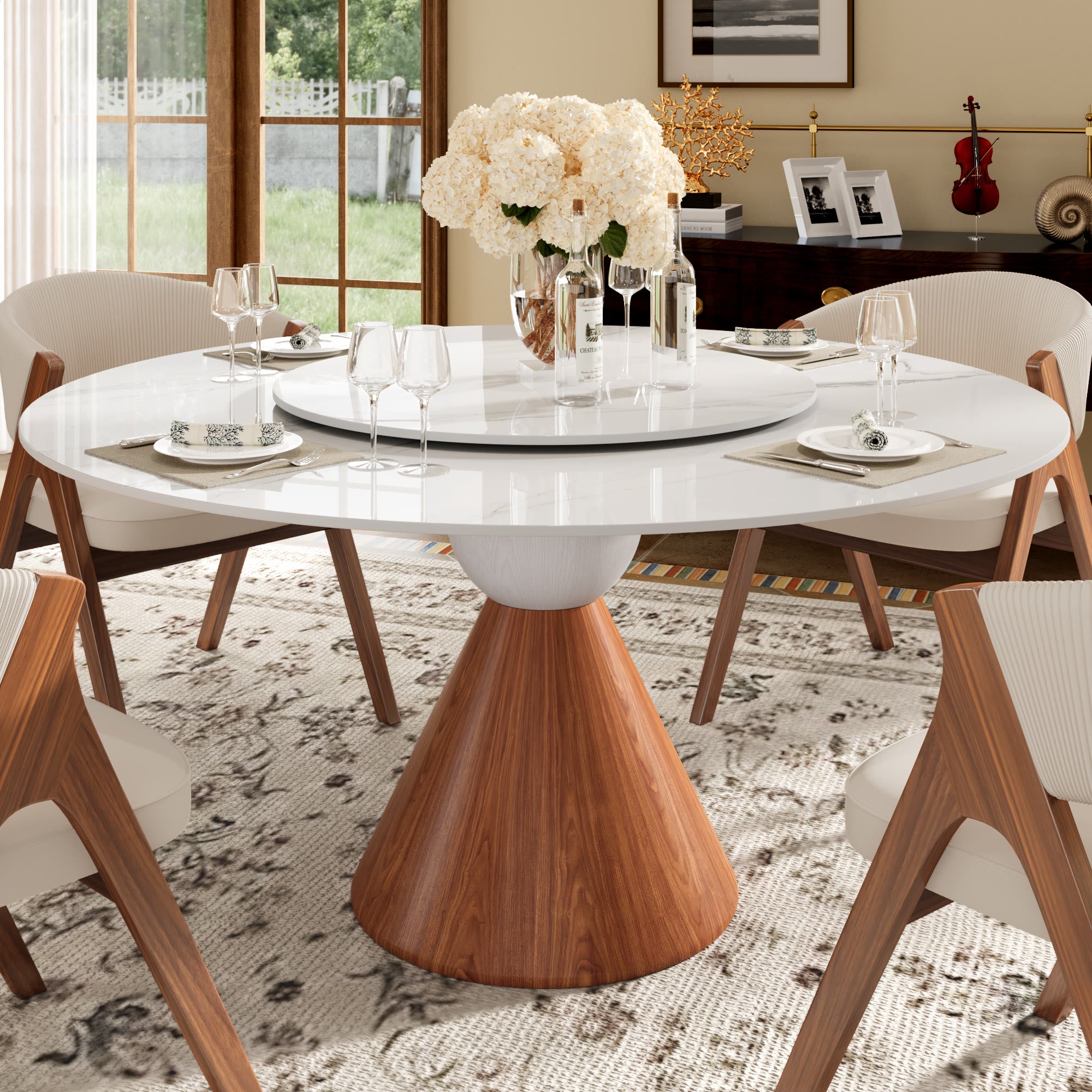 Round Sintered Stone Dining Table with Solid Wood Base For 2-8 - Snowy White - 59" Table With Lazy Susan - image 12