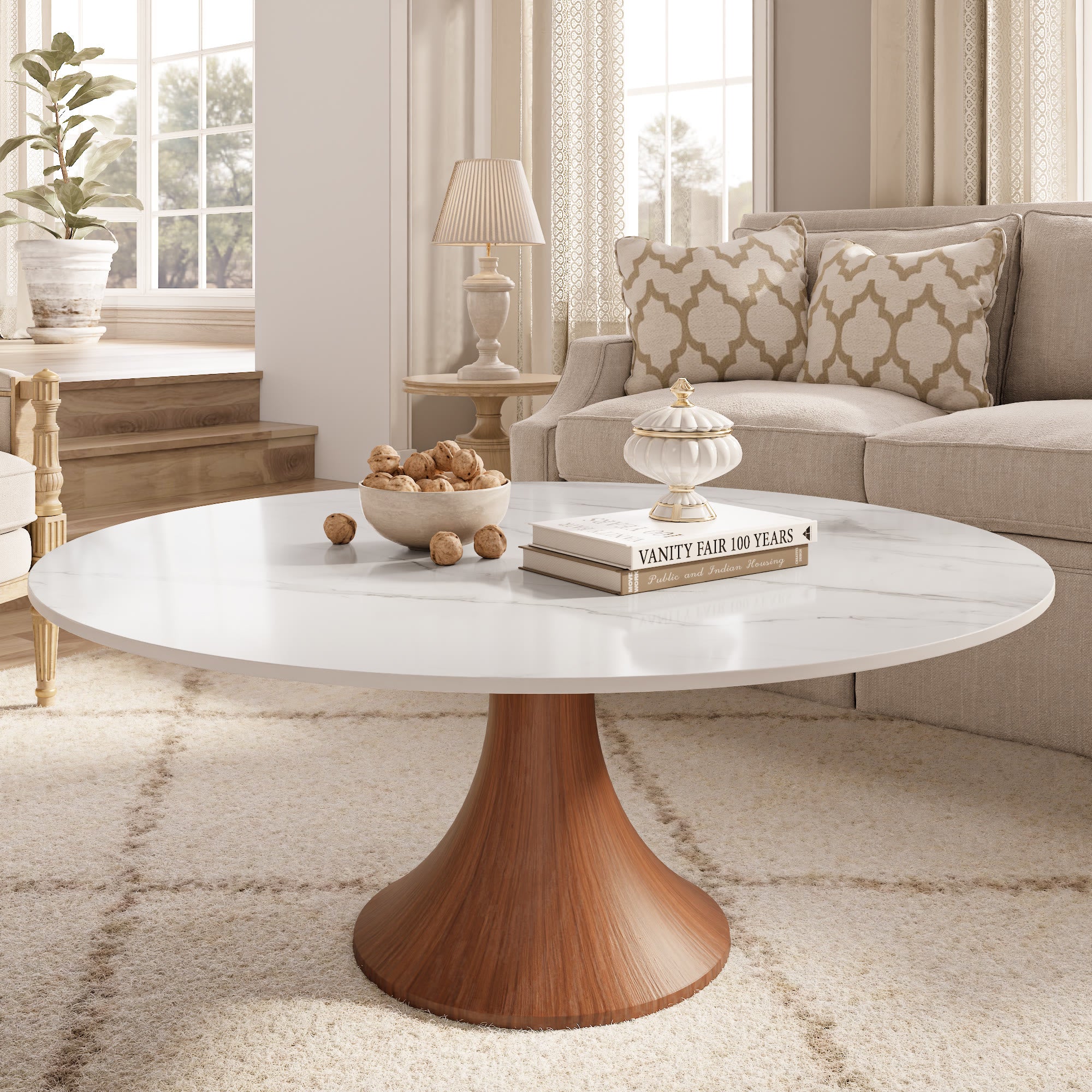 Mid-century Round Pedestal Coffee Table - Snowy White - 41" Table - image 0