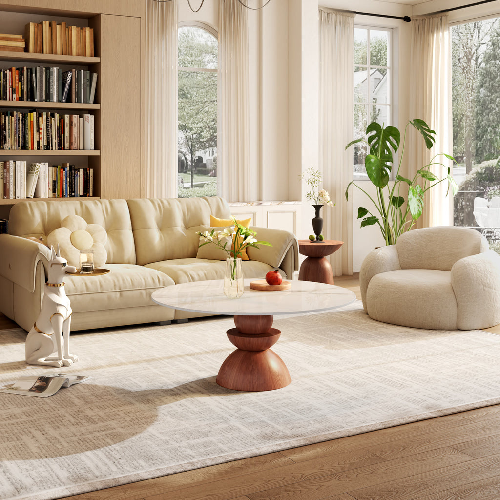 Mid-century Solid Wood & Stone Pedestal Coffee Table - image 2