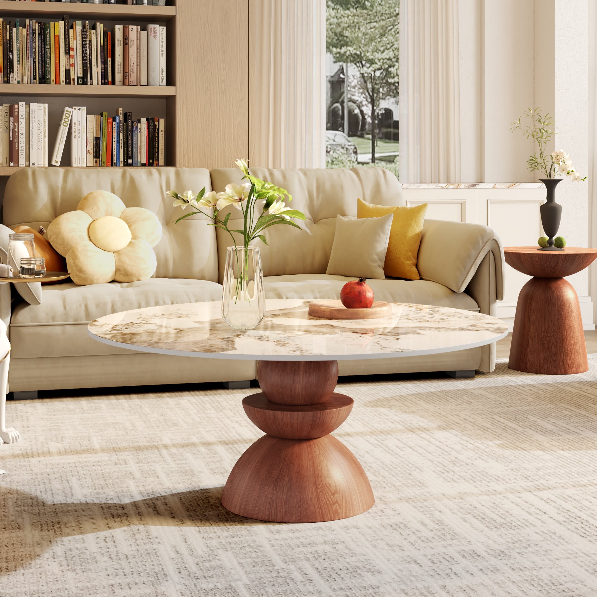 Mid-century Solid Wood & Stone Pedestal Coffee Table - Pandora - 41"table - image 3