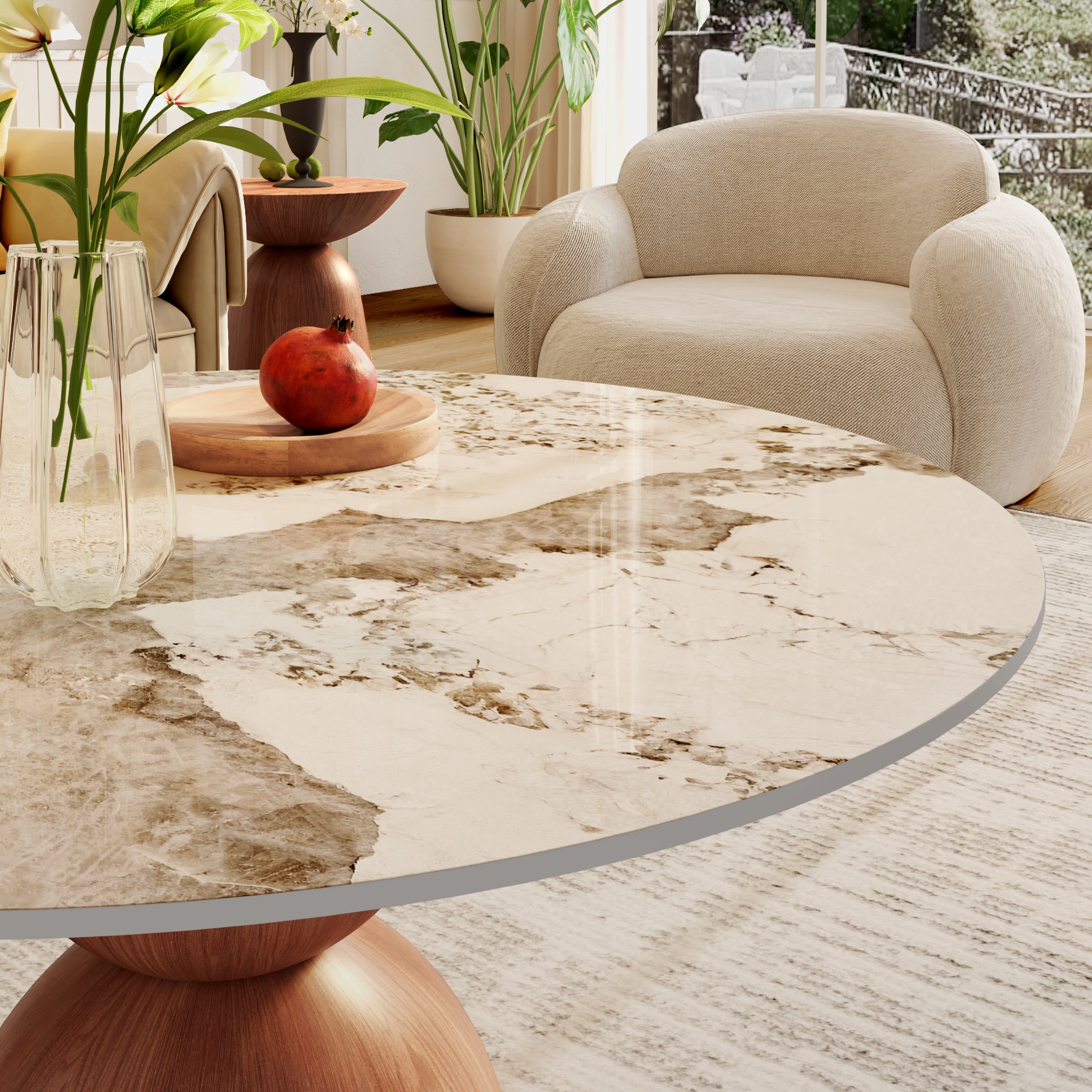 Mid-century Solid Wood & Stone Pedestal Coffee Table - image 4