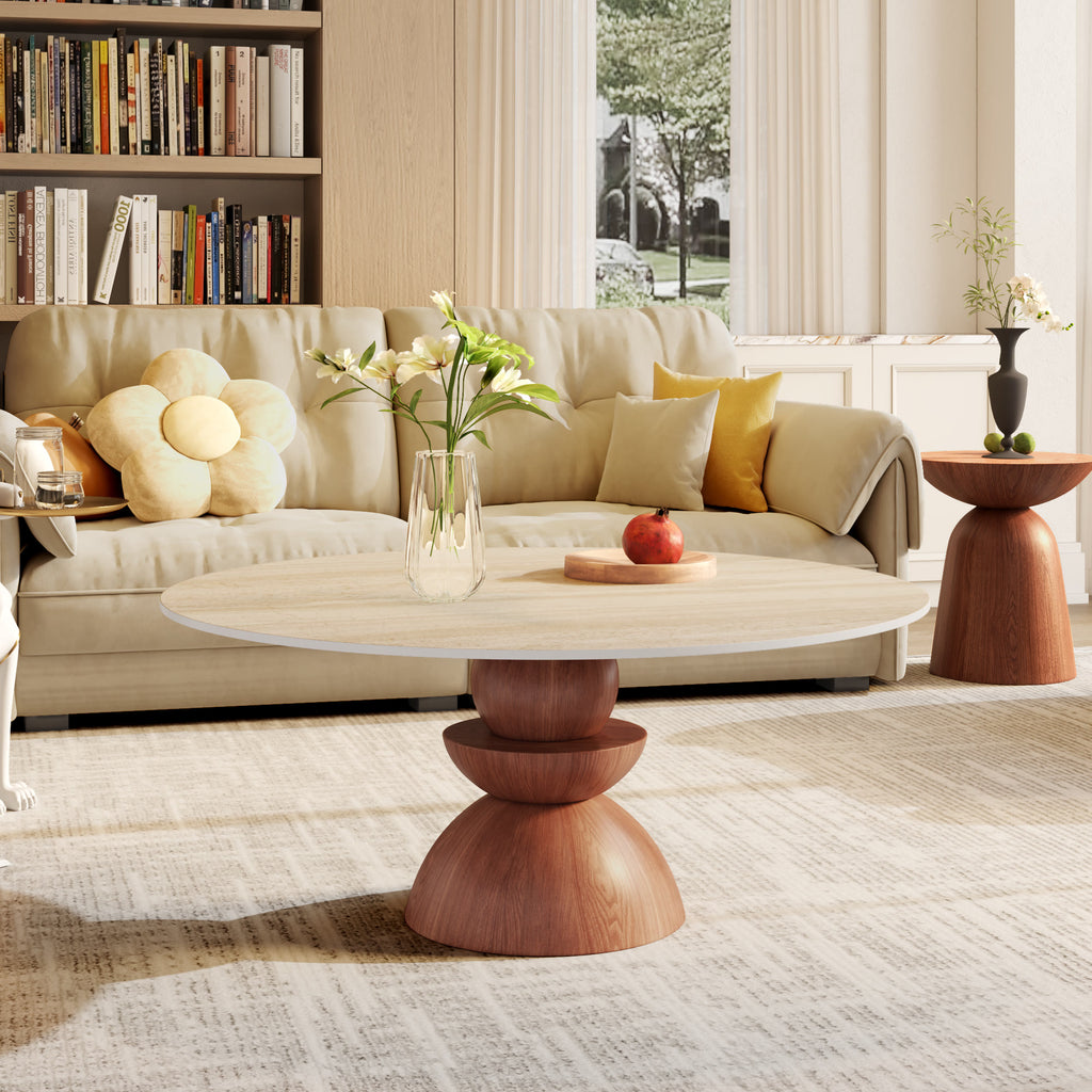 Mid-century Solid Wood & Stone Pedestal Coffee Table - Travertine - 41"table - image 6
