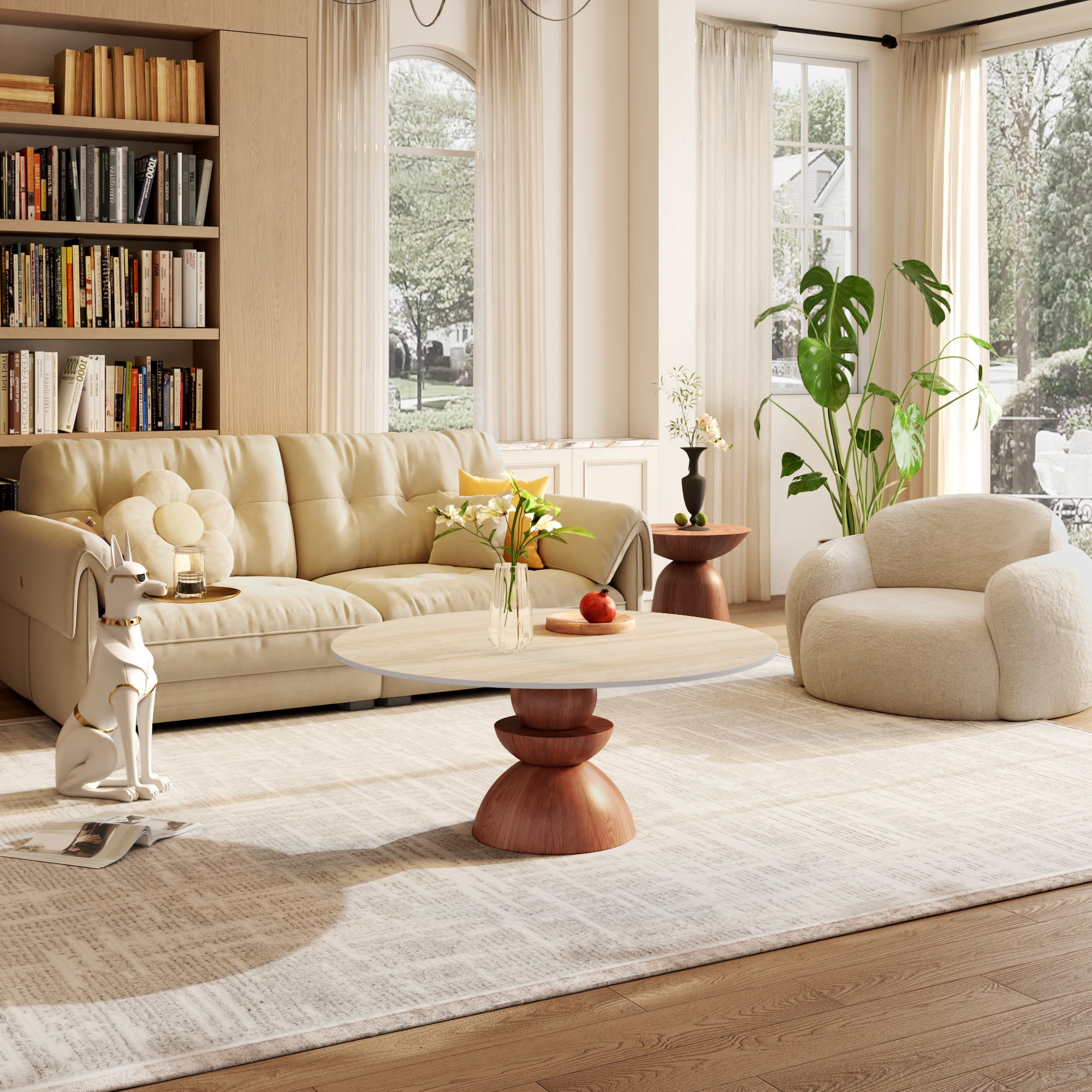 Mid-century Solid Wood & Stone Pedestal Coffee Table - image 8