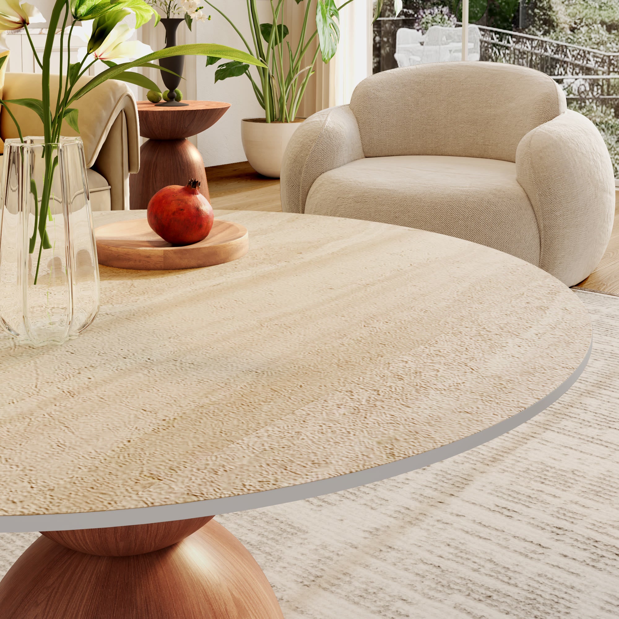 Mid-century Solid Wood & Stone Pedestal Coffee Table - image 7