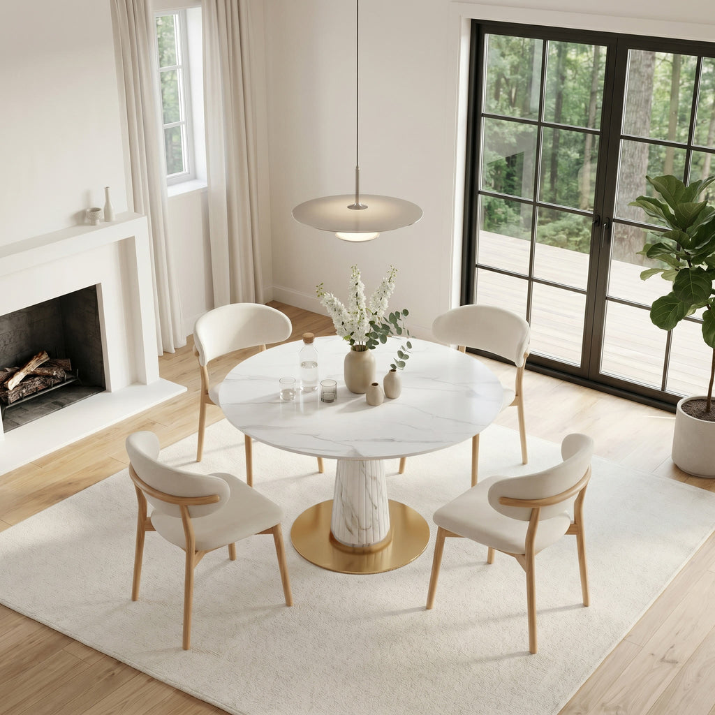 Modern Round Sintered Stone Dining Table with Solid Wood Base & Metallic Accents For 2-4 - image 2