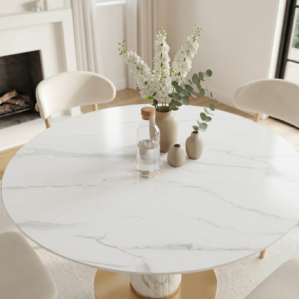 Modern Round Sintered Stone Dining Table with Solid Wood Base & Metallic Accents For 2-4 - image 1