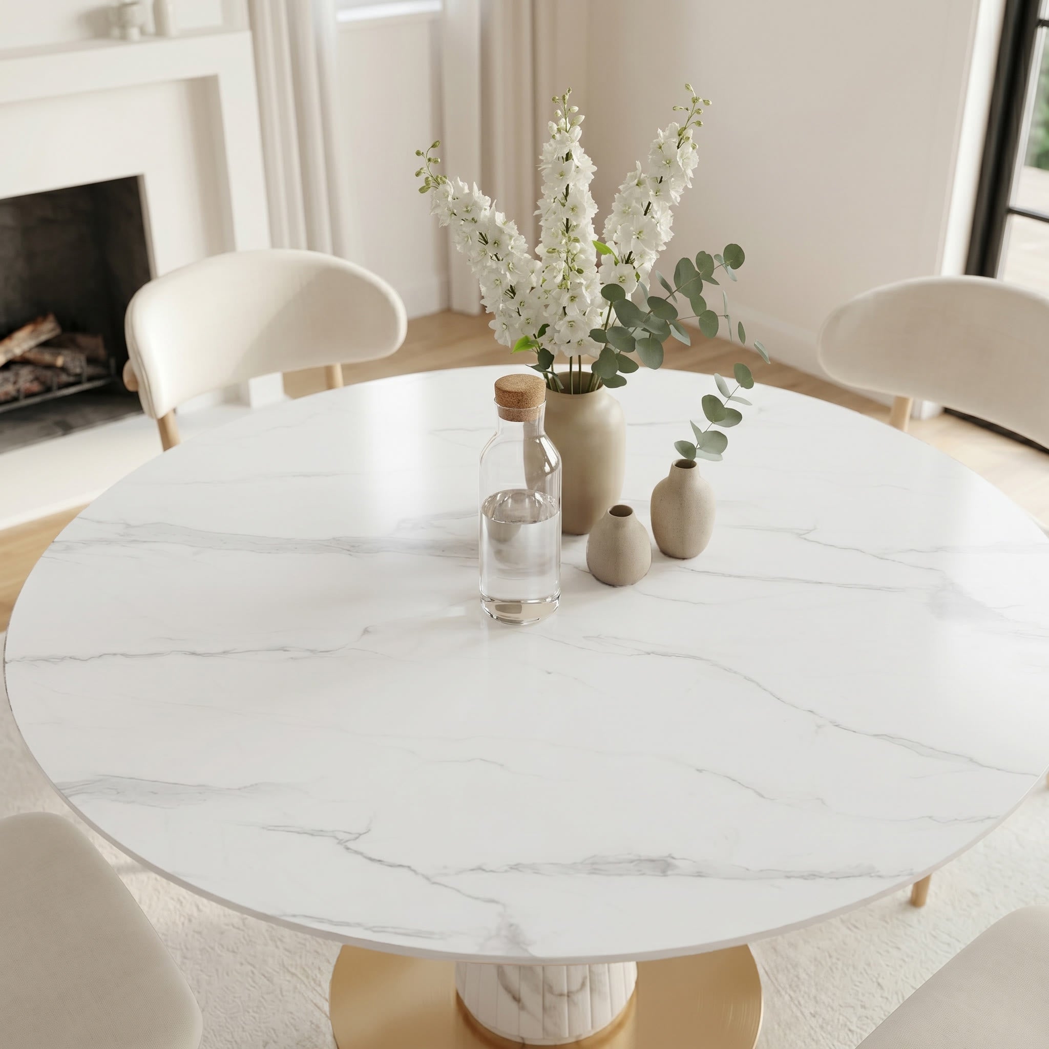 Modern Round Sintered Stone Dining Table with Solid Wood Base & Metallic Accents For 2-4 - image 1