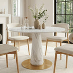 Modern Round Sintered Stone Dining Table with Solid Wood Base & Metallic Accents For 2-4 - Snowy White+White - 43" Table - image 0