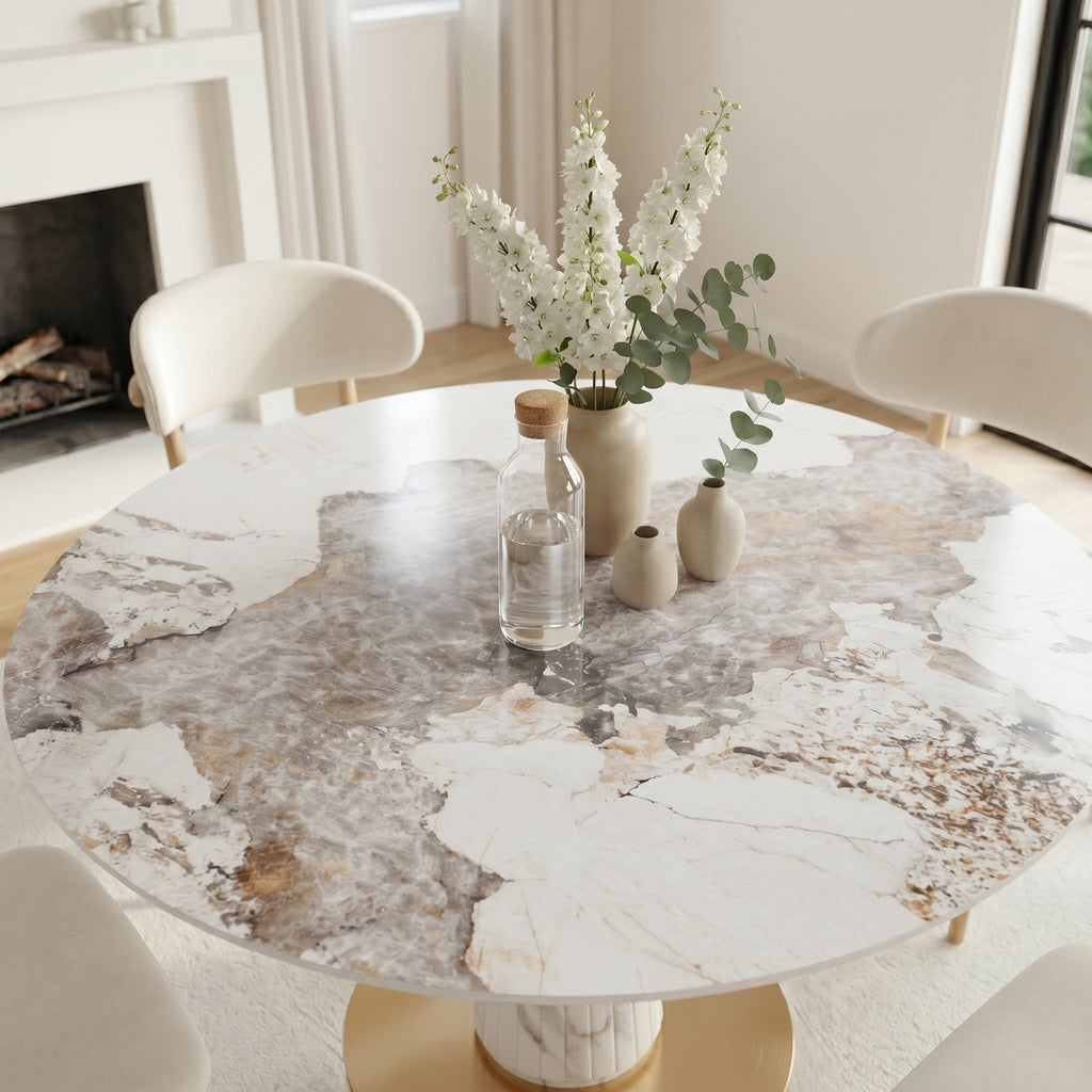 Modern Round Sintered Stone Dining Table with Solid Wood Base & Metallic Accents For 2-4 - image 4