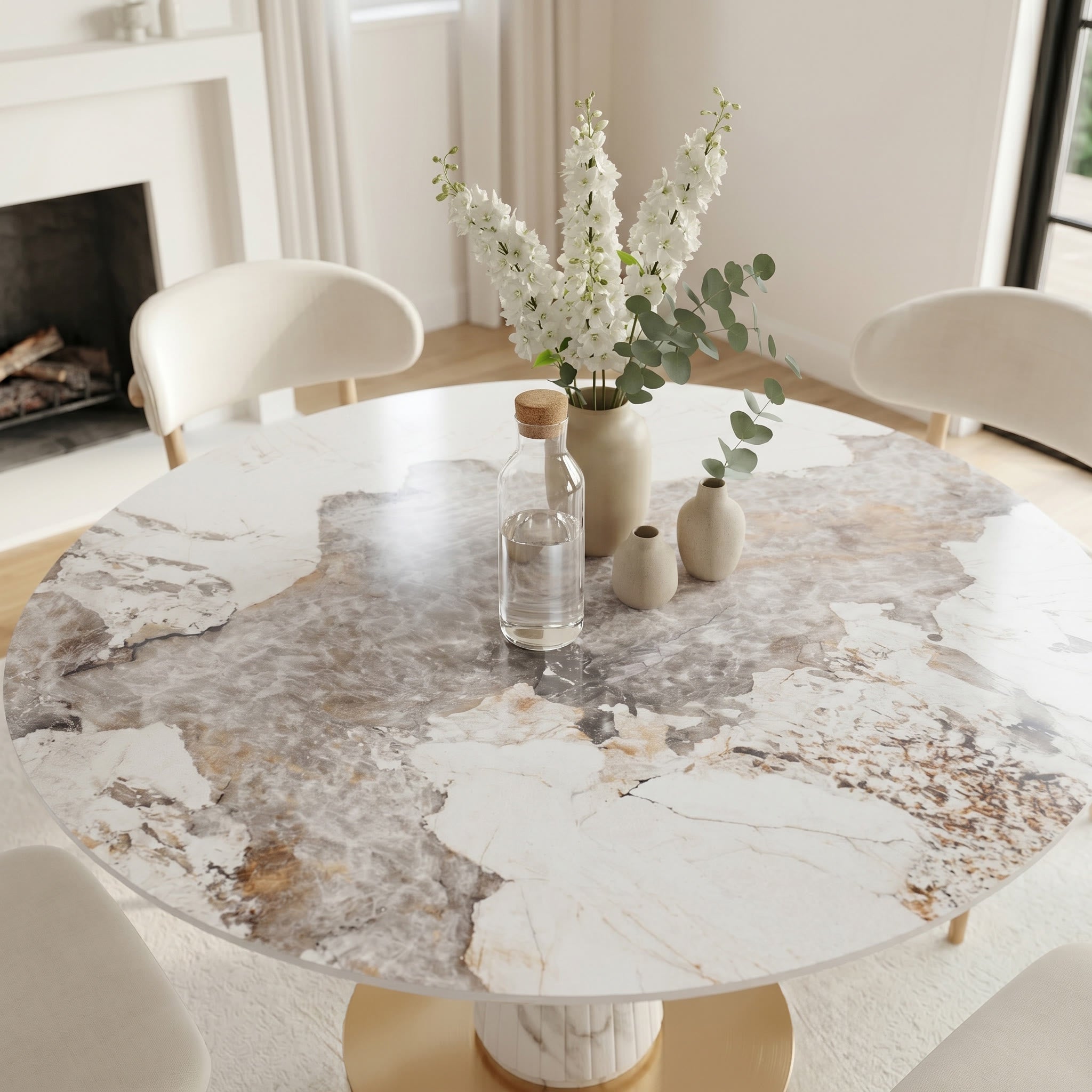 Modern Round Sintered Stone Dining Table with Solid Wood Base & Metallic Accents For 2-4 - image 4