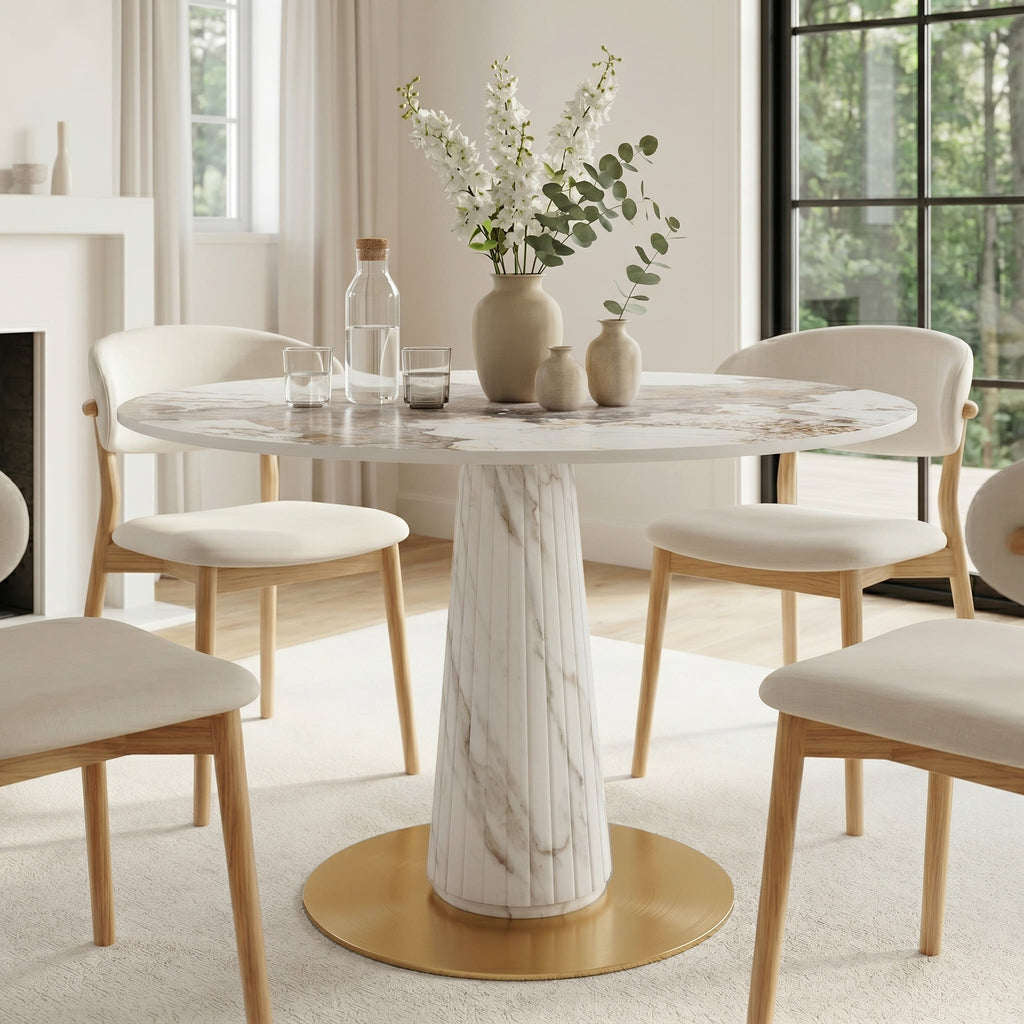 Modern Round Sintered Stone Dining Table with Solid Wood Base & Metallic Accents For 2-4 - Pandora+White - 43" Table - image 3