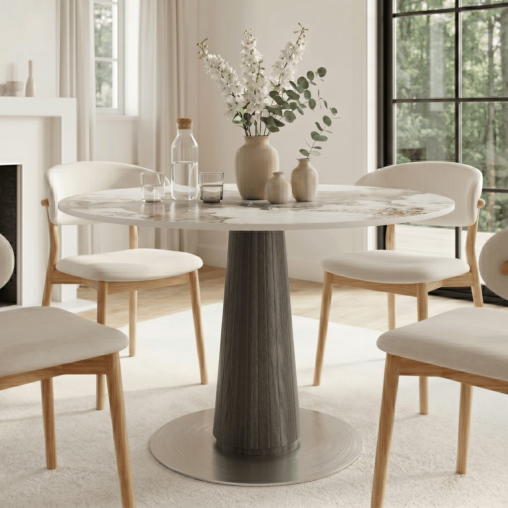 Modern Round Sintered Stone Dining Table with Solid Wood Base & Metallic Accents For 2-4 - Pandora+Black - 43" Table - image 9