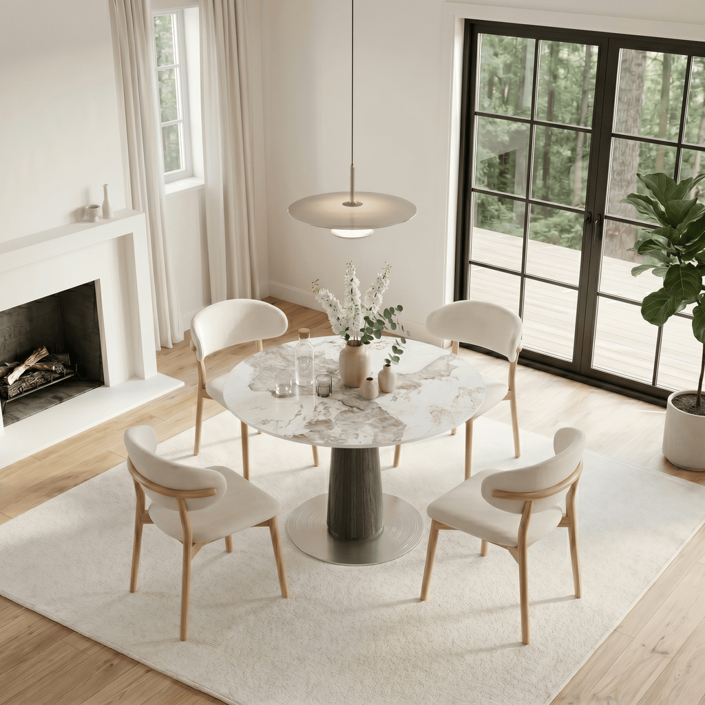 Modern Round Sintered Stone Dining Table with Solid Wood Base & Metallic Accents For 2-4 - image 11