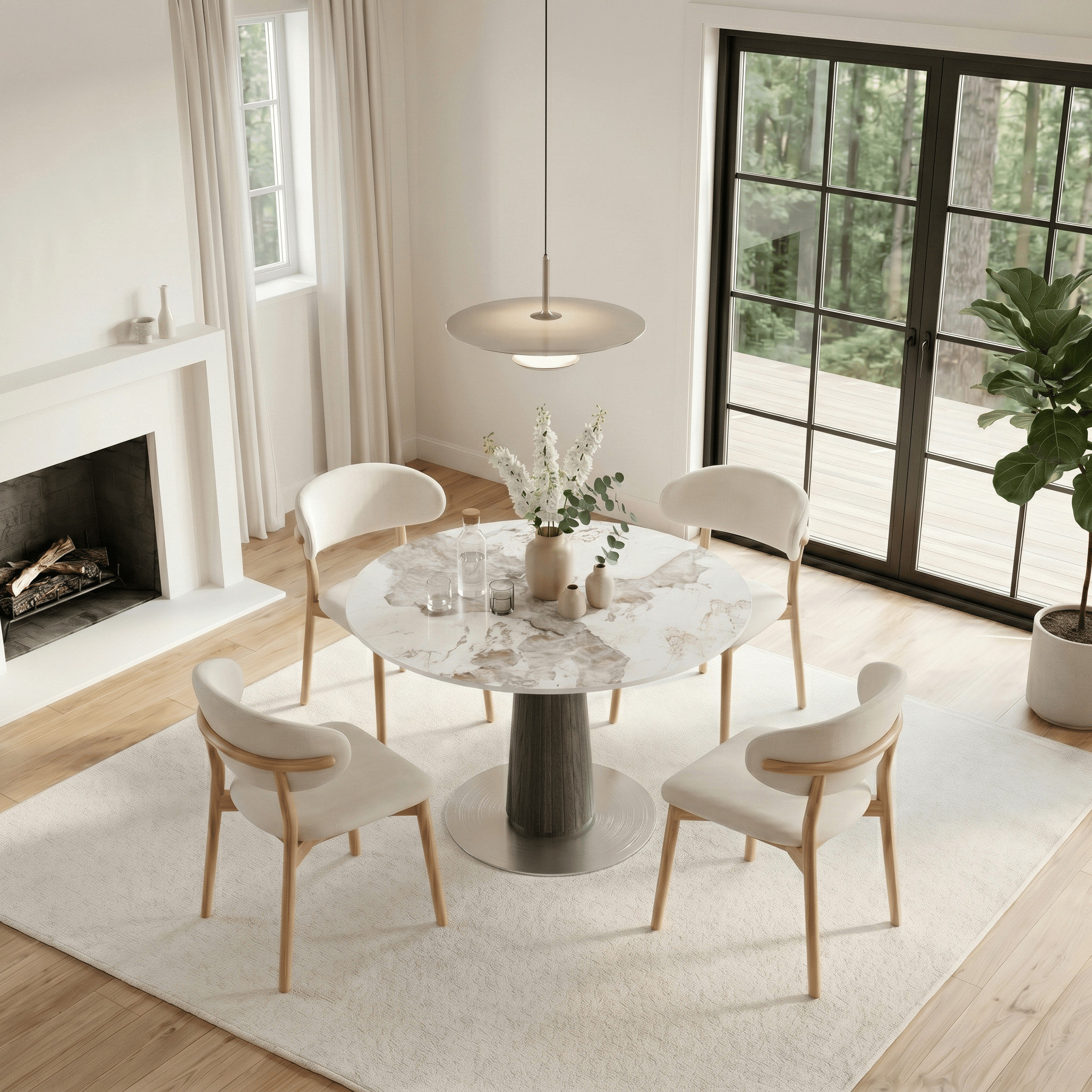 Modern Round Sintered Stone Dining Table with Solid Wood Base & Metallic Accents For 2-4 - image 11