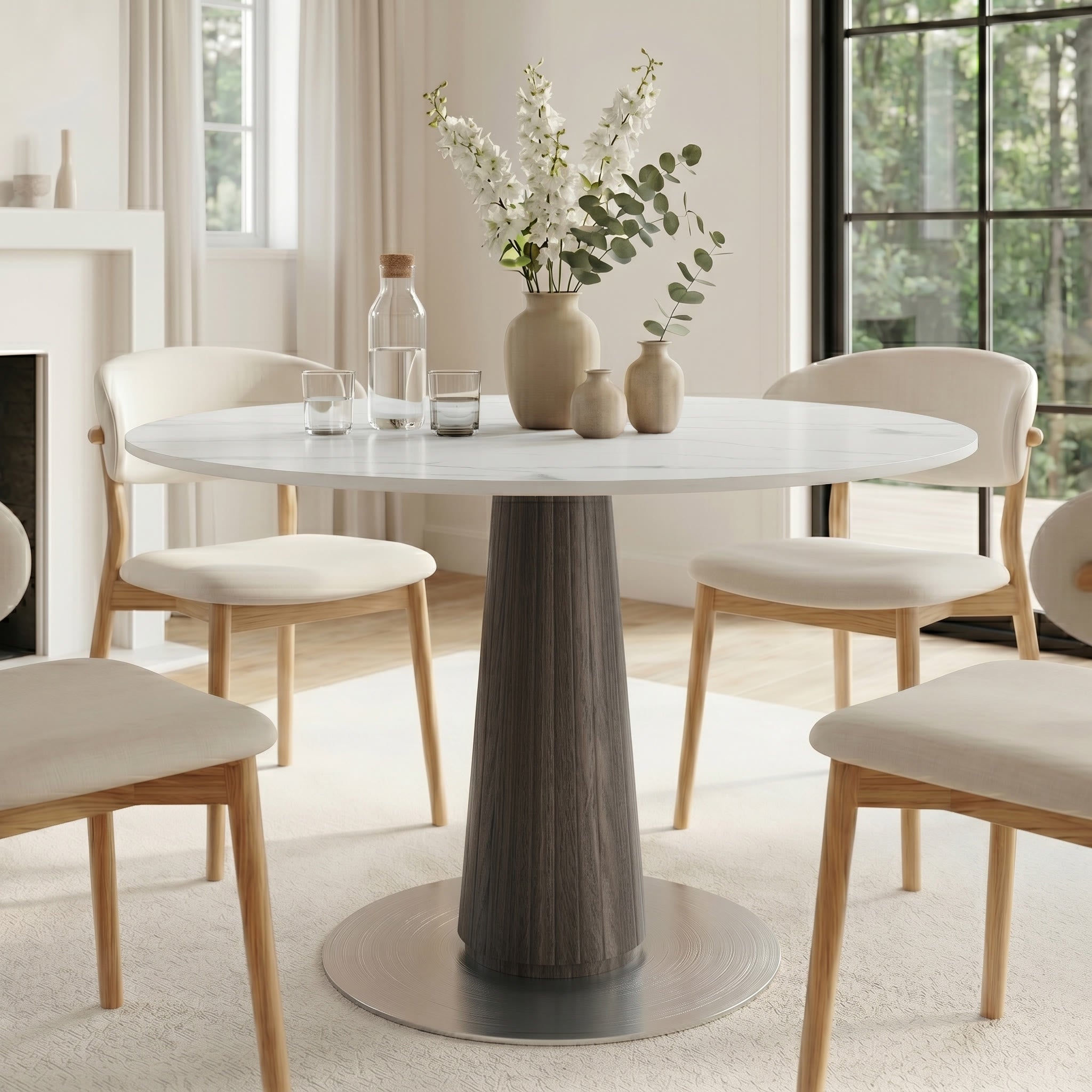 Modern Round Sintered Stone Dining Table with Solid Wood Base & Metallic Accents For 2-4 - Snowy White+Black - 43" Table - image 6