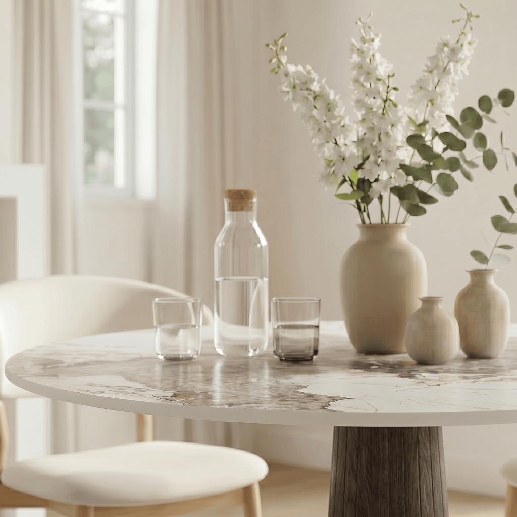 Modern Round Sintered Stone Dining Table with Solid Wood Base & Metallic Accents For 2-4 - image 10