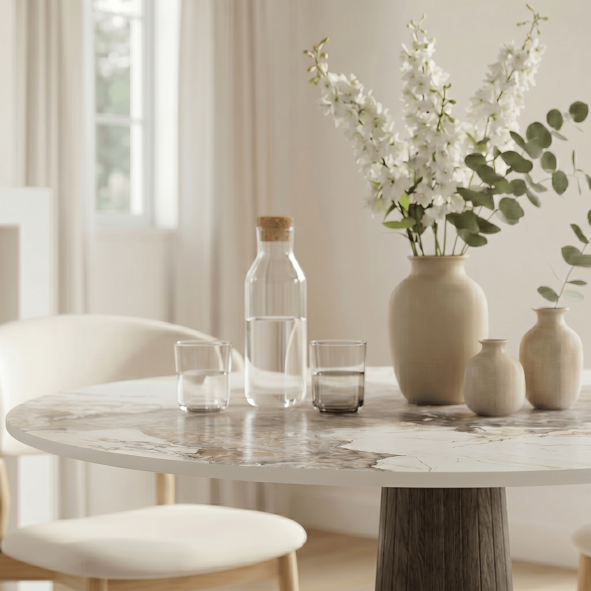 Modern Round Sintered Stone Dining Table with Solid Wood Base & Metallic Accents For 2-4 - image 10