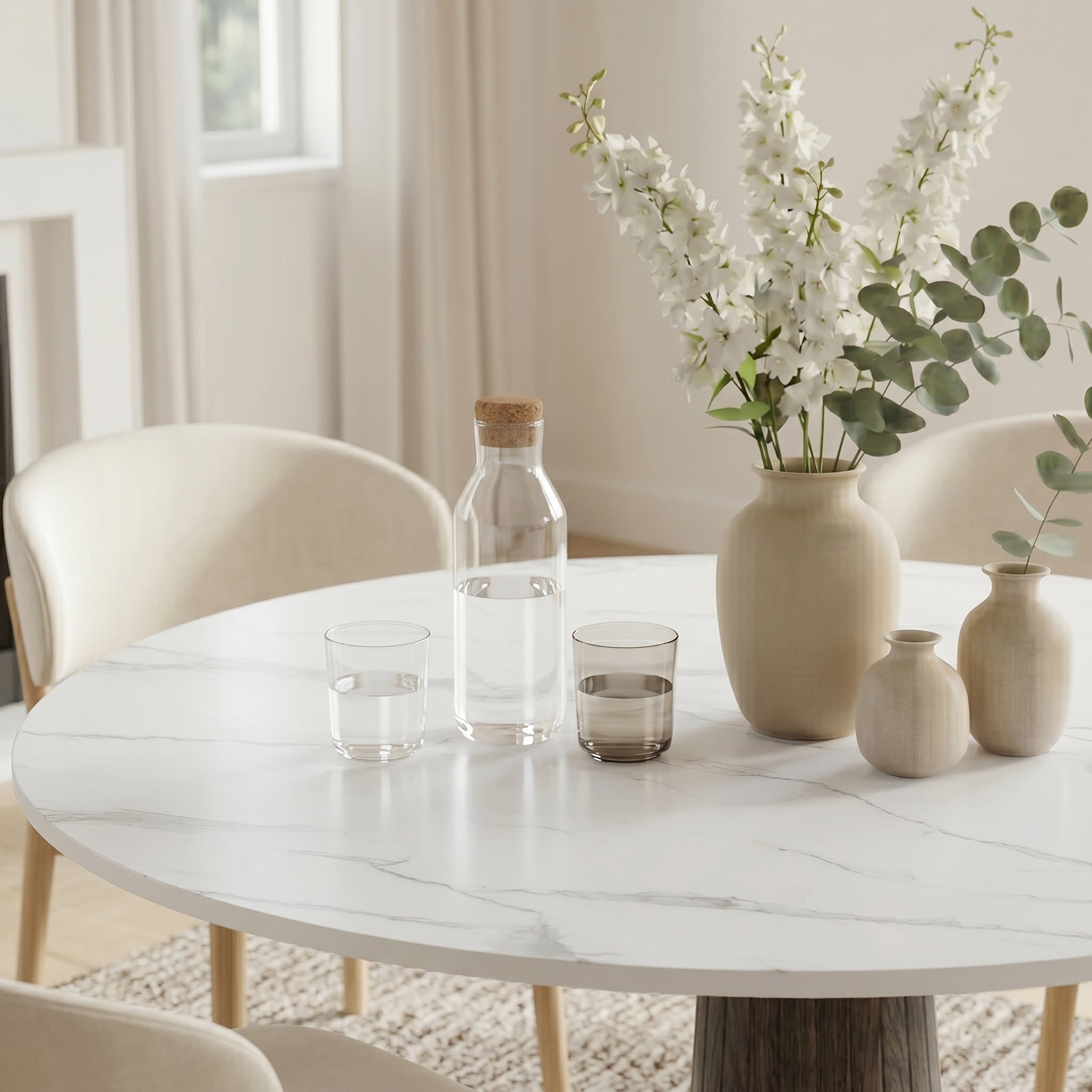 Modern Round Sintered Stone Dining Table with Solid Wood Base & Metallic Accents For 2-4 - image 7