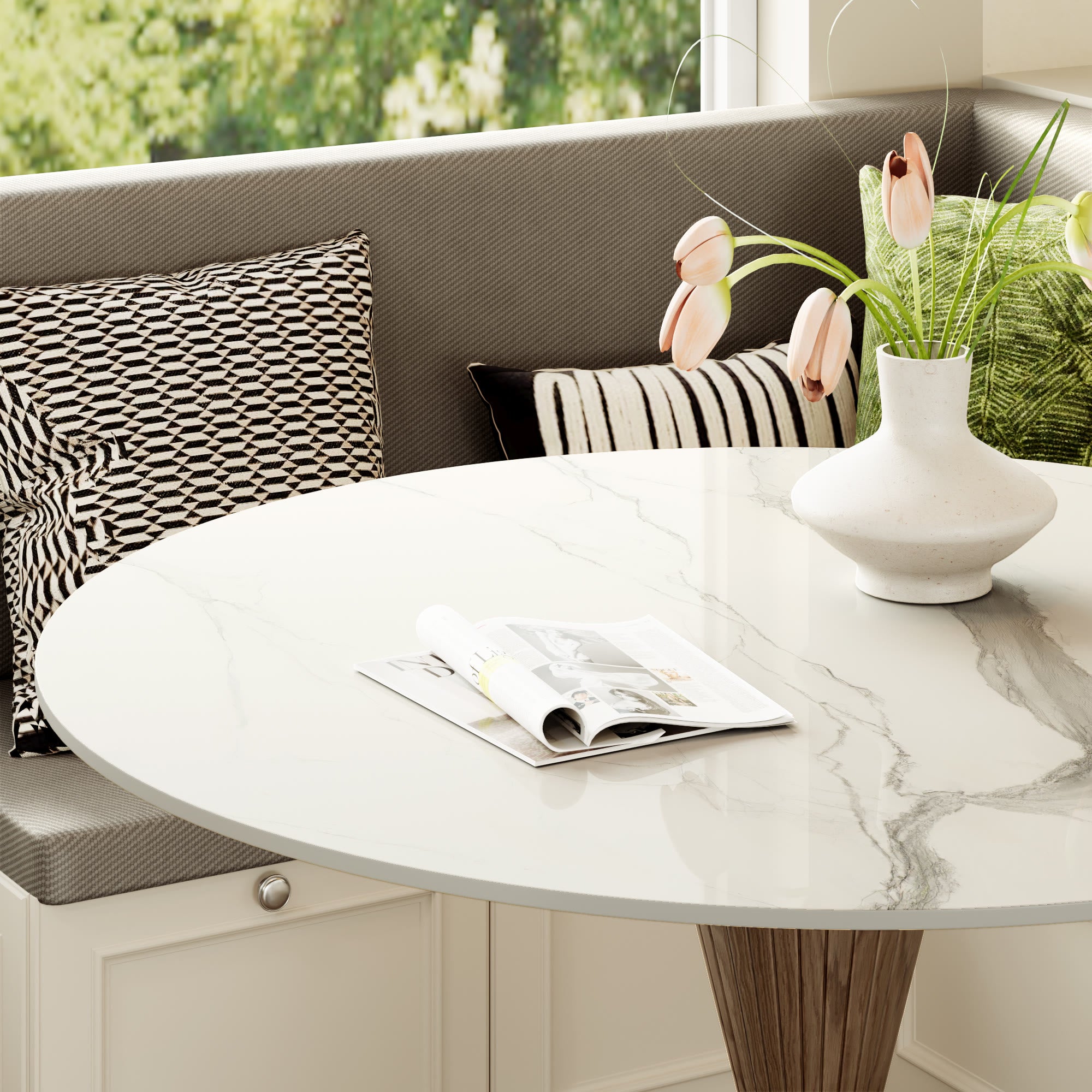 Luxe Modern Round Sintered Stone Dining Table with Solid Wood Base & Metallic Accents For 2-4 - image 1