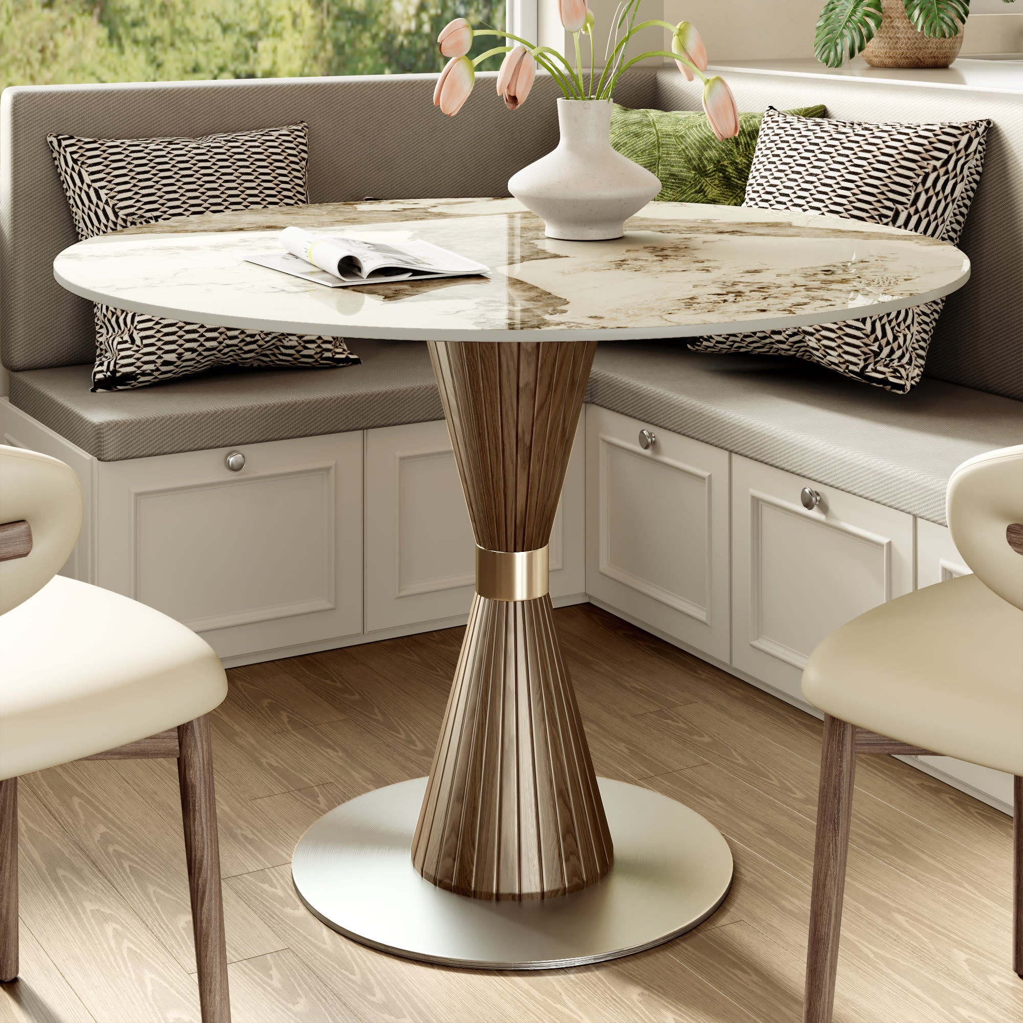 Luxe Modern Round Sintered Stone Dining Table with Solid Wood Base & Metallic Accents For 2-4 - Pandora+Dark Walnut - 43" Table - image 3