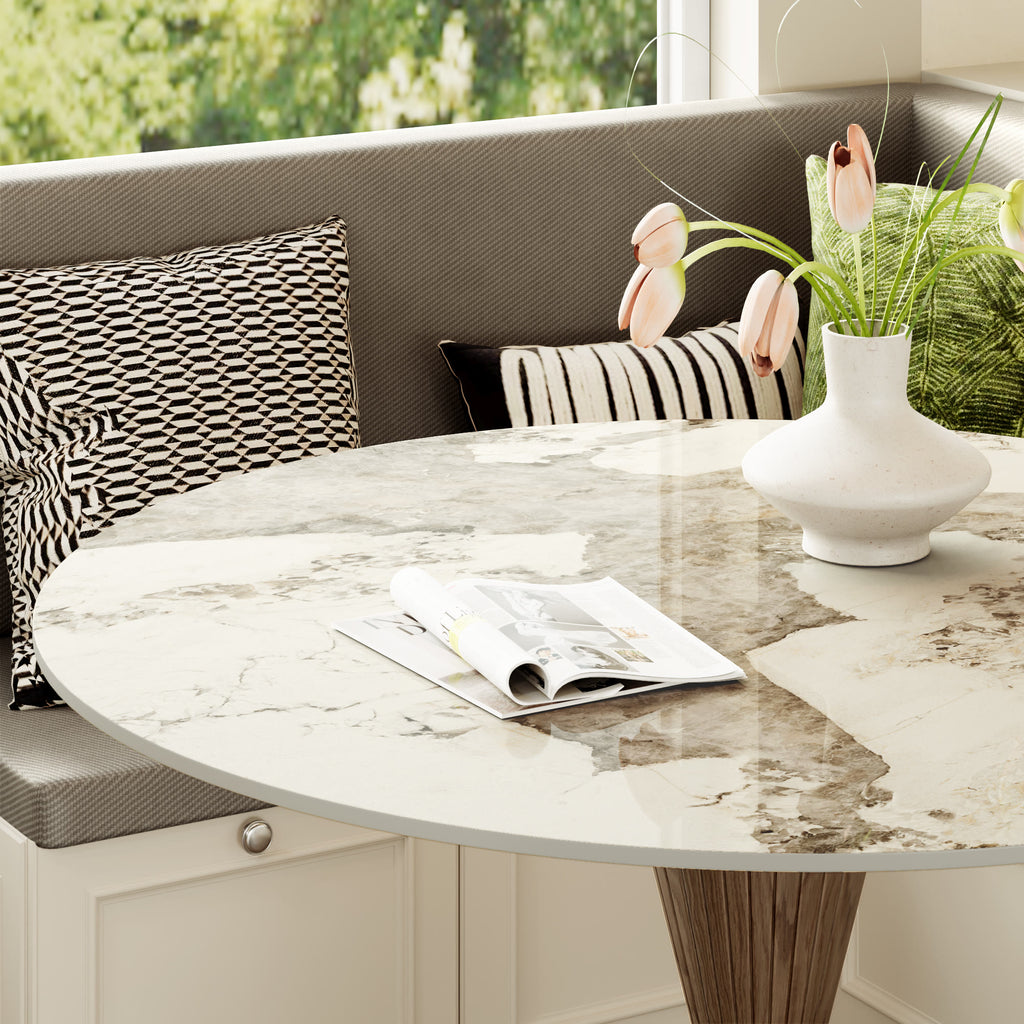 Luxe Modern Round Sintered Stone Dining Table with Solid Wood Base & Metallic Accents For 2-4 - image 4