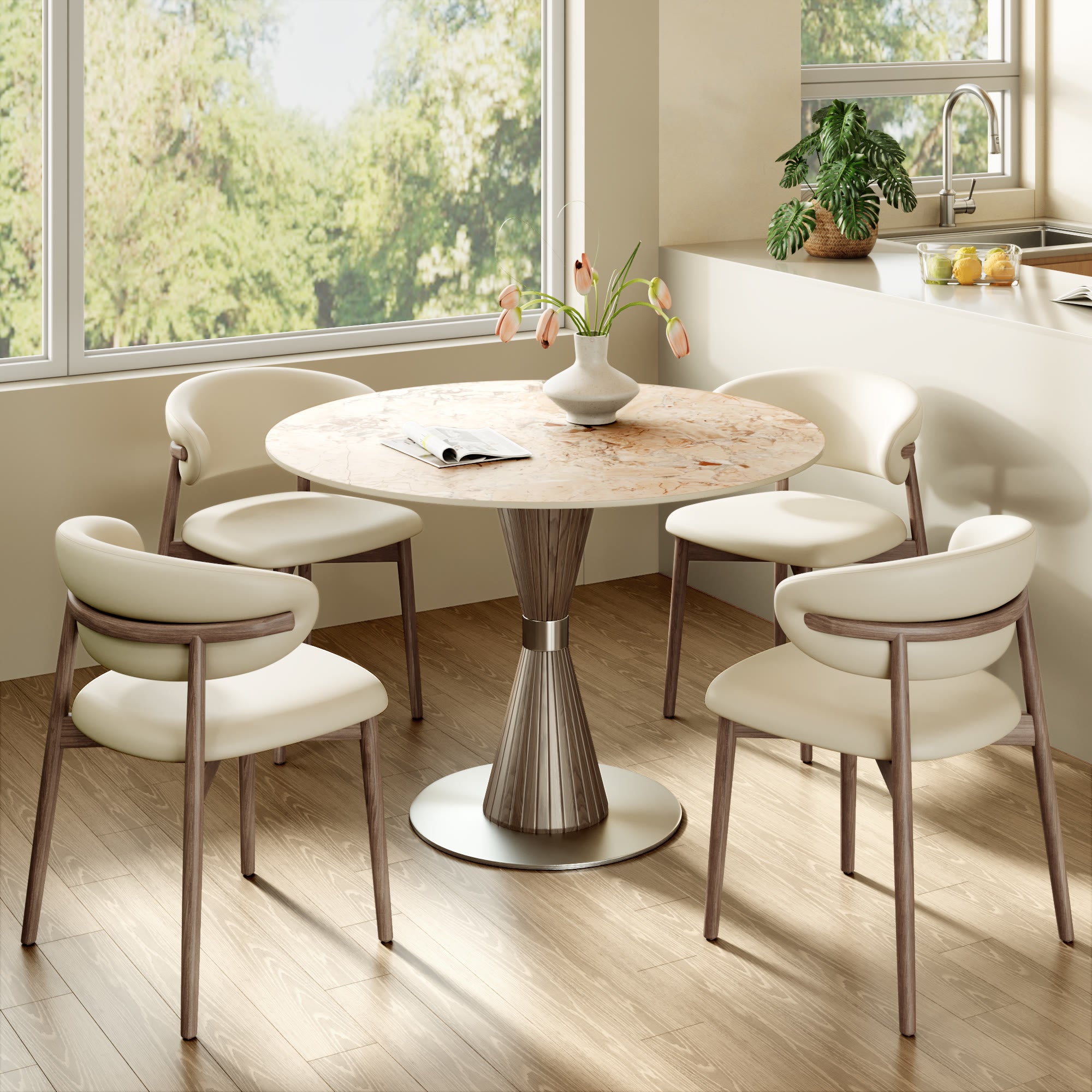 Luxe Modern Round Sintered Stone Dining Table with Solid Wood Base & Metallic Accents For 2-4 - image 8