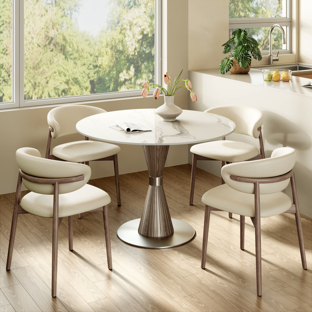 Luxe Modern Round Sintered Stone Dining Table with Solid Wood Base & Metallic Accents For 2-4 - image 2