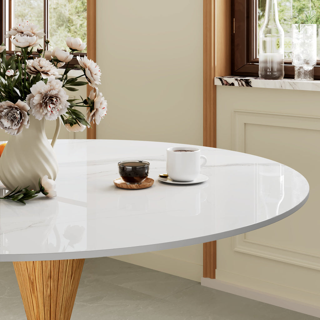 Luxe Modern Round Sintered Stone Dining Table with Solid Wood Base & Metallic Accents For 2-4 - image 10