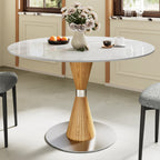Luxe Modern Round Sintered Stone Dining Table with Solid Wood Base & Metallic Accents For 2-4 - Snowy White+Wood - 43" Table - image 9