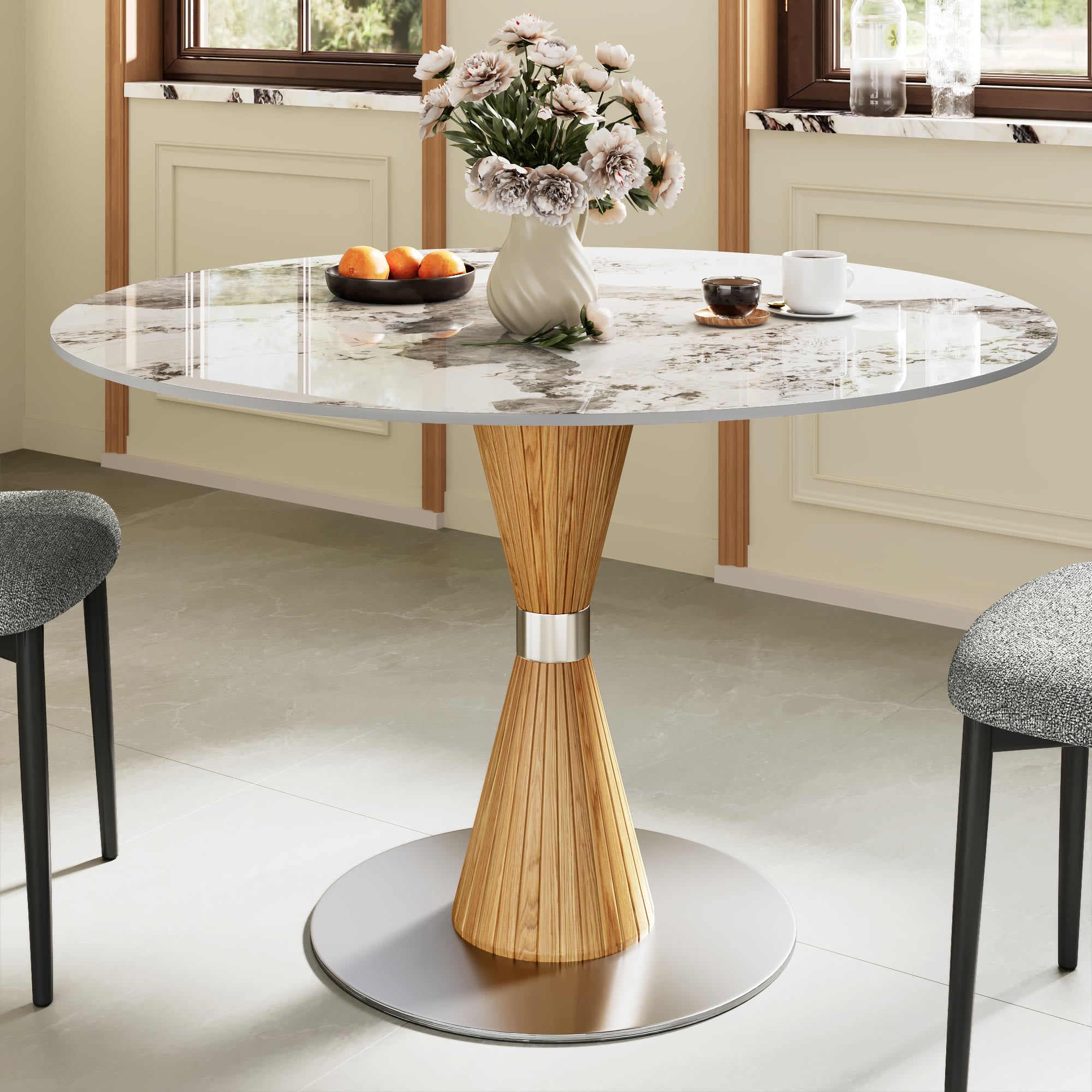 Luxe Modern Round Sintered Stone Dining Table with Solid Wood Base & Metallic Accents For 2-4 - Pandora+Wood - 43" Table - image 12