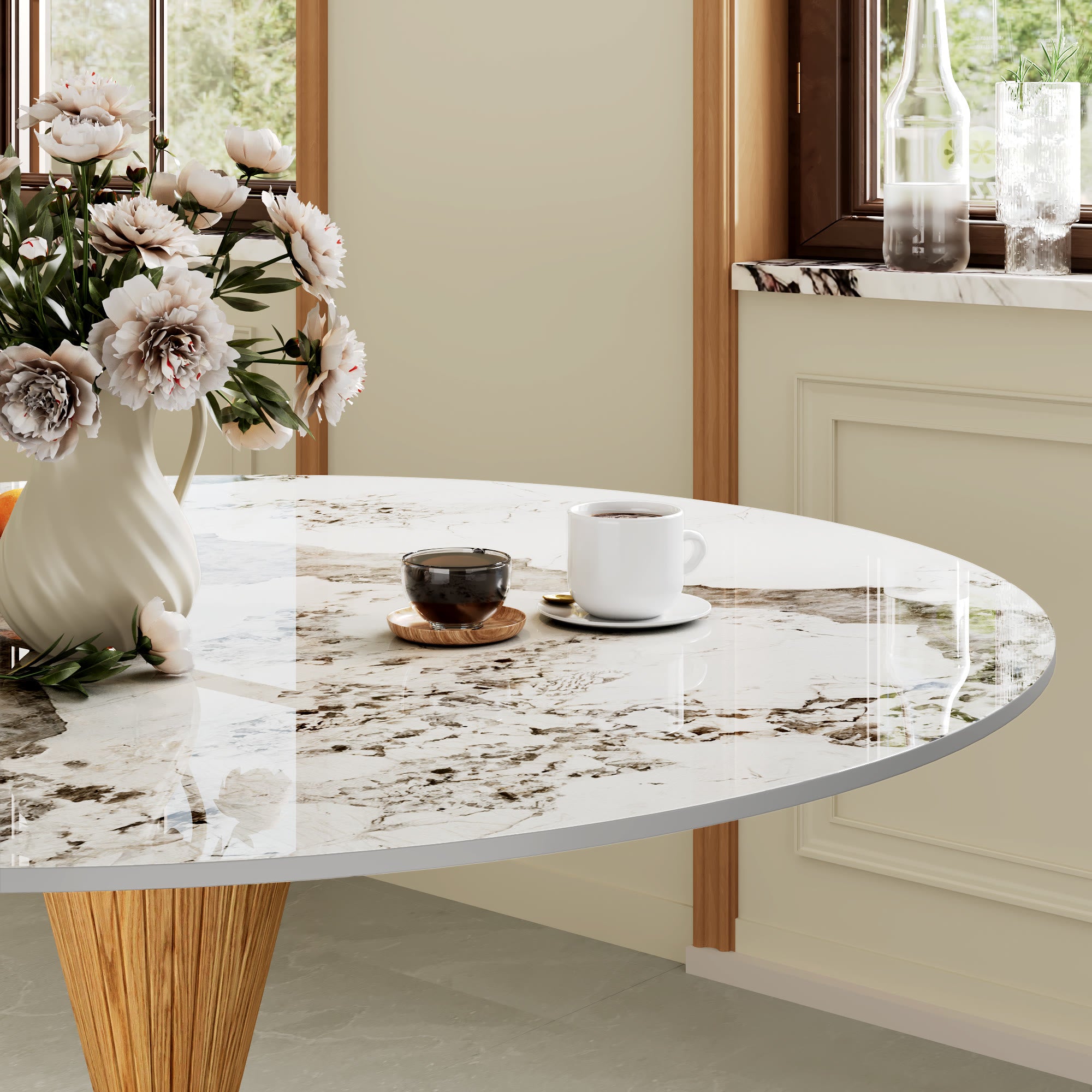 Luxe Modern Round Sintered Stone Dining Table with Solid Wood Base & Metallic Accents For 2-4 - image 13