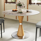 Luxe Modern Round Sintered Stone Dining Table with Solid Wood Base & Metallic Accents For 2-4 - Creamy+Wood - 43" Table - image 15