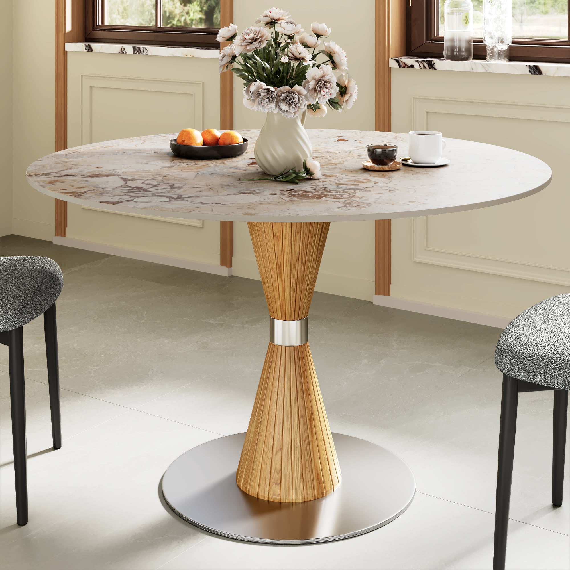 Luxe Modern Round Sintered Stone Dining Table with Solid Wood Base & Metallic Accents For 2-4 - Creamy+Wood - 43" Table - image 15