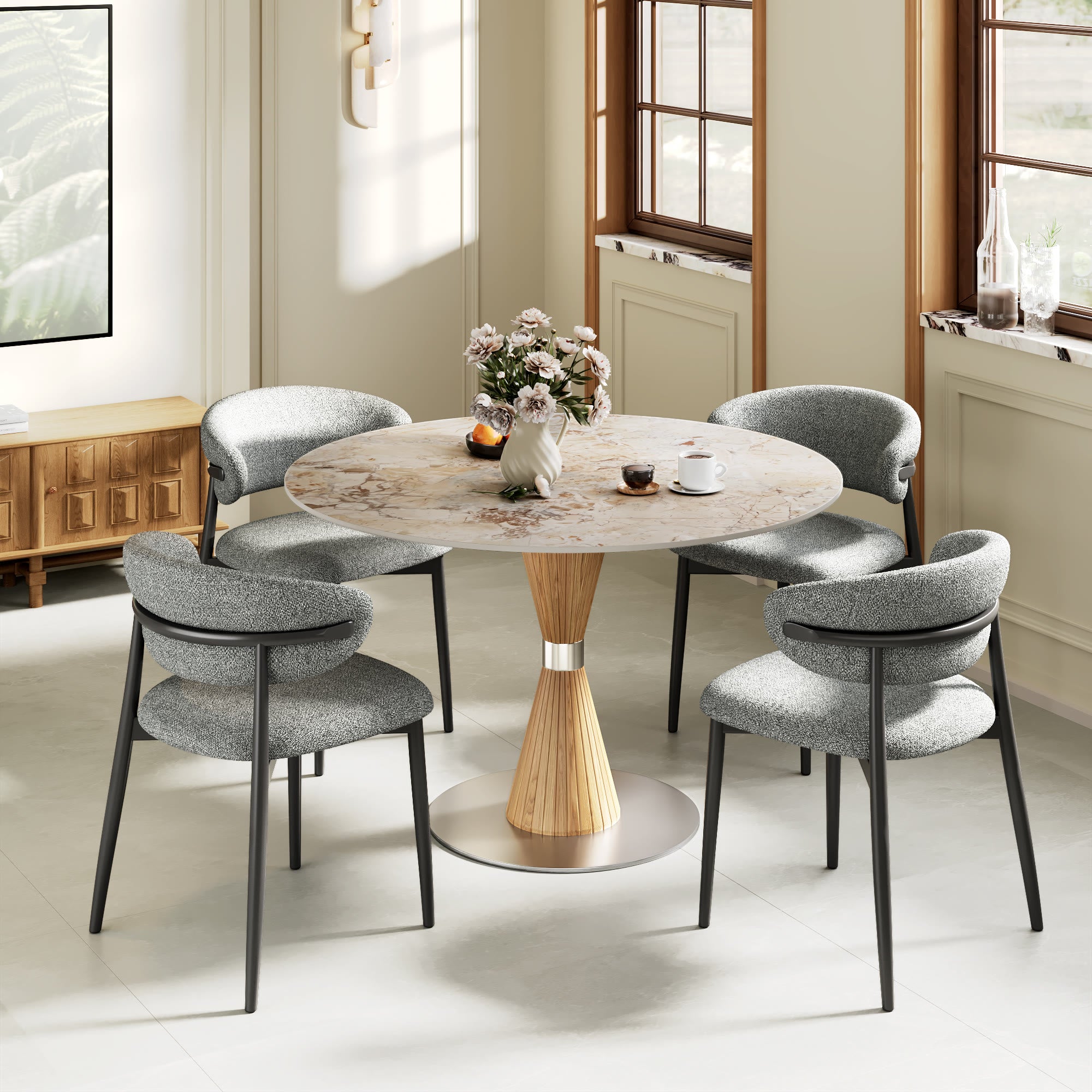 Luxe Modern Round Sintered Stone Dining Table with Solid Wood Base & Metallic Accents For 2-4 - image 17