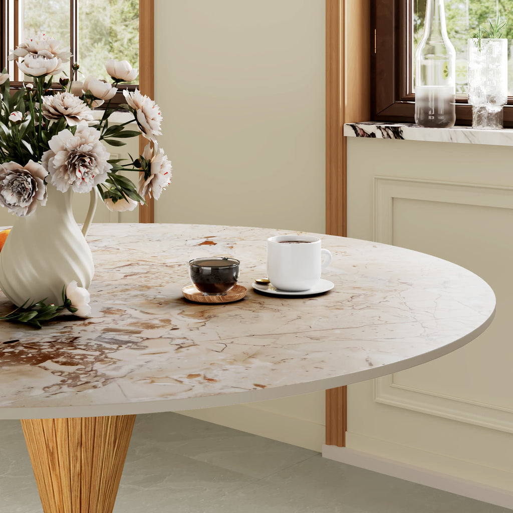 Luxe Modern Round Sintered Stone Dining Table with Solid Wood Base & Metallic Accents For 2-4 - image 16
