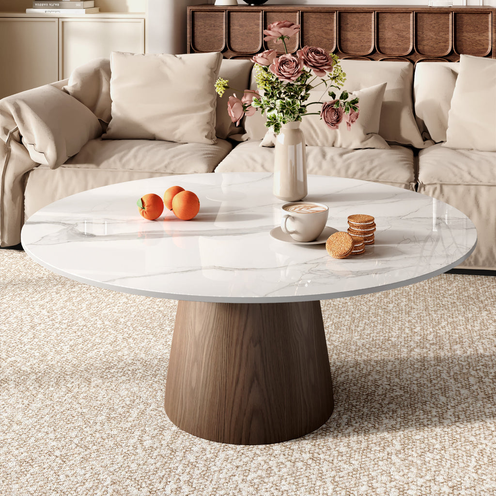 Wabi-Sabi Coffee Table: Sintered Stone Top with Solid Wood Pedestal Base - Snowy White+Dark Walnut - 41" Table - image 0