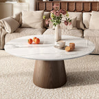 Wabi-Sabi Coffee Table: Sintered Stone Top with Solid Wood Pedestal Base - Snowy White+Dark Walnut - 41" Table - image 0