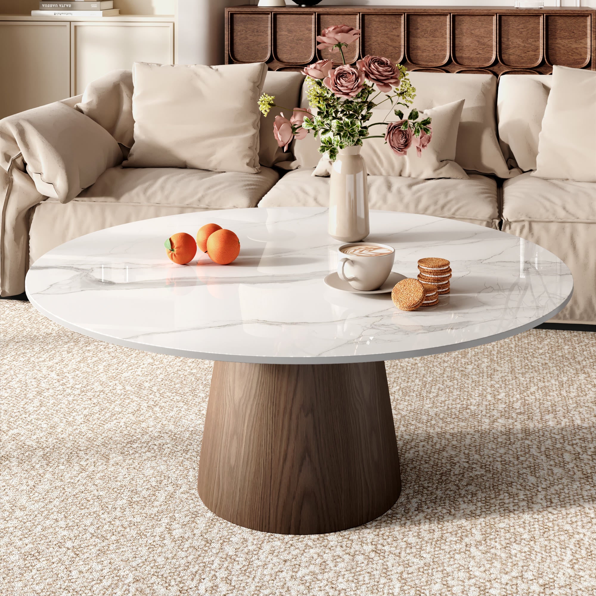 Wabi-Sabi Coffee Table: Sintered Stone Top with Solid Wood Pedestal Base - Snowy White+Dark Walnut - 41" Table - image 0