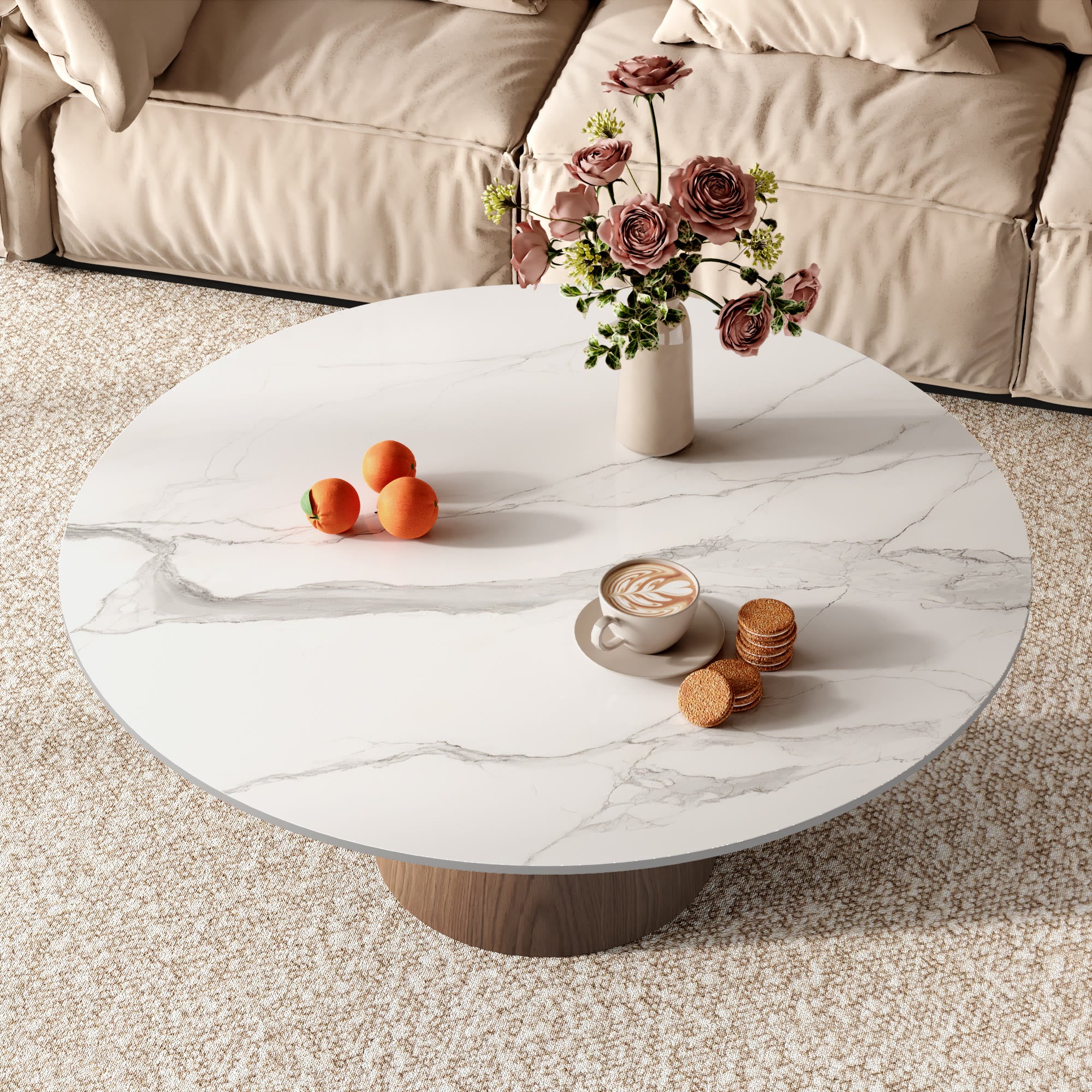 Wabi-Sabi Coffee Table: Sintered Stone Top with Solid Wood Pedestal Base - image 1