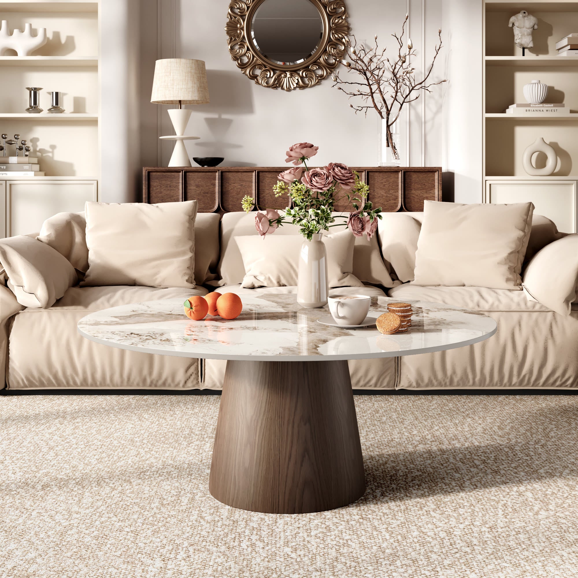 Wabi-Sabi Coffee Table: Sintered Stone Top with Solid Wood Pedestal Base - image 5