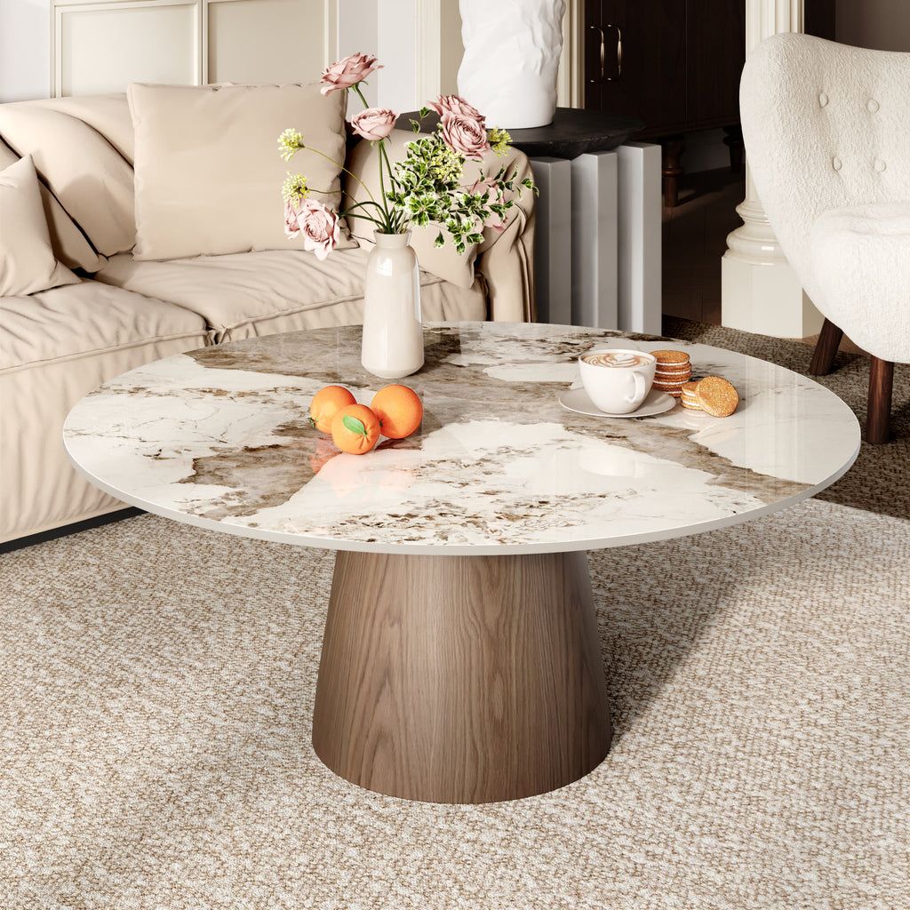 Wabi-Sabi Coffee Table: Sintered Stone Top with Solid Wood Pedestal Base - Pandora+Dark Walnut - 41" Table - image 3
