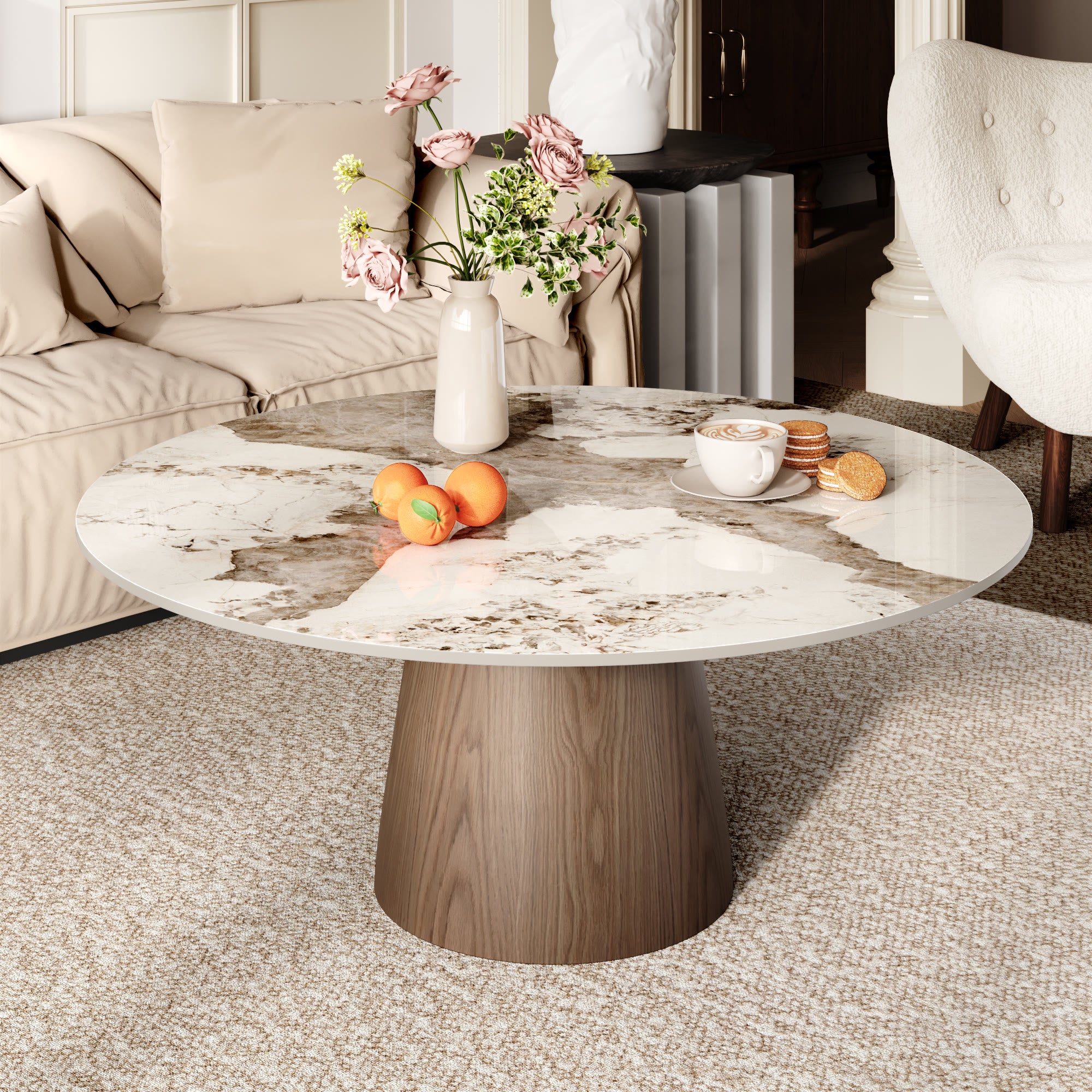 Wabi-Sabi Coffee Table: Sintered Stone Top with Solid Wood Pedestal Base - Pandora+Dark Walnut - 41" Table - image 3