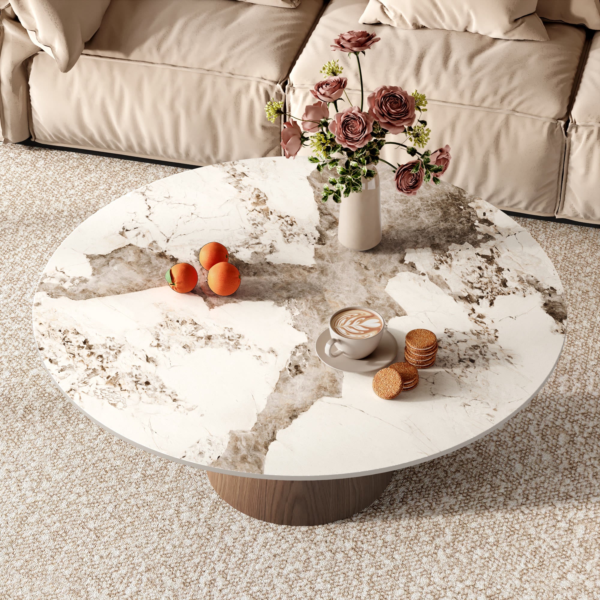 Wabi-Sabi Coffee Table: Sintered Stone Top with Solid Wood Pedestal Base - image 4