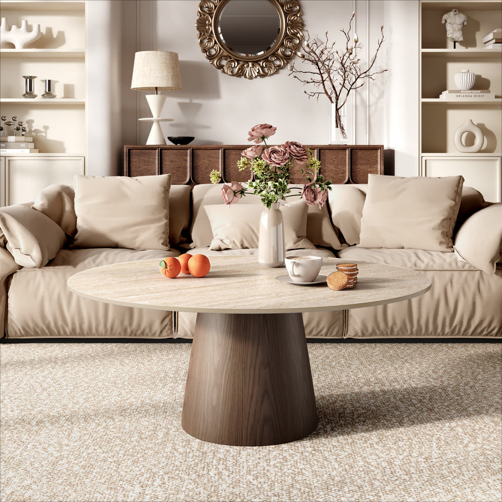 Wabi-Sabi Coffee Table: Sintered Stone Top with Solid Wood Pedestal Base - image 8