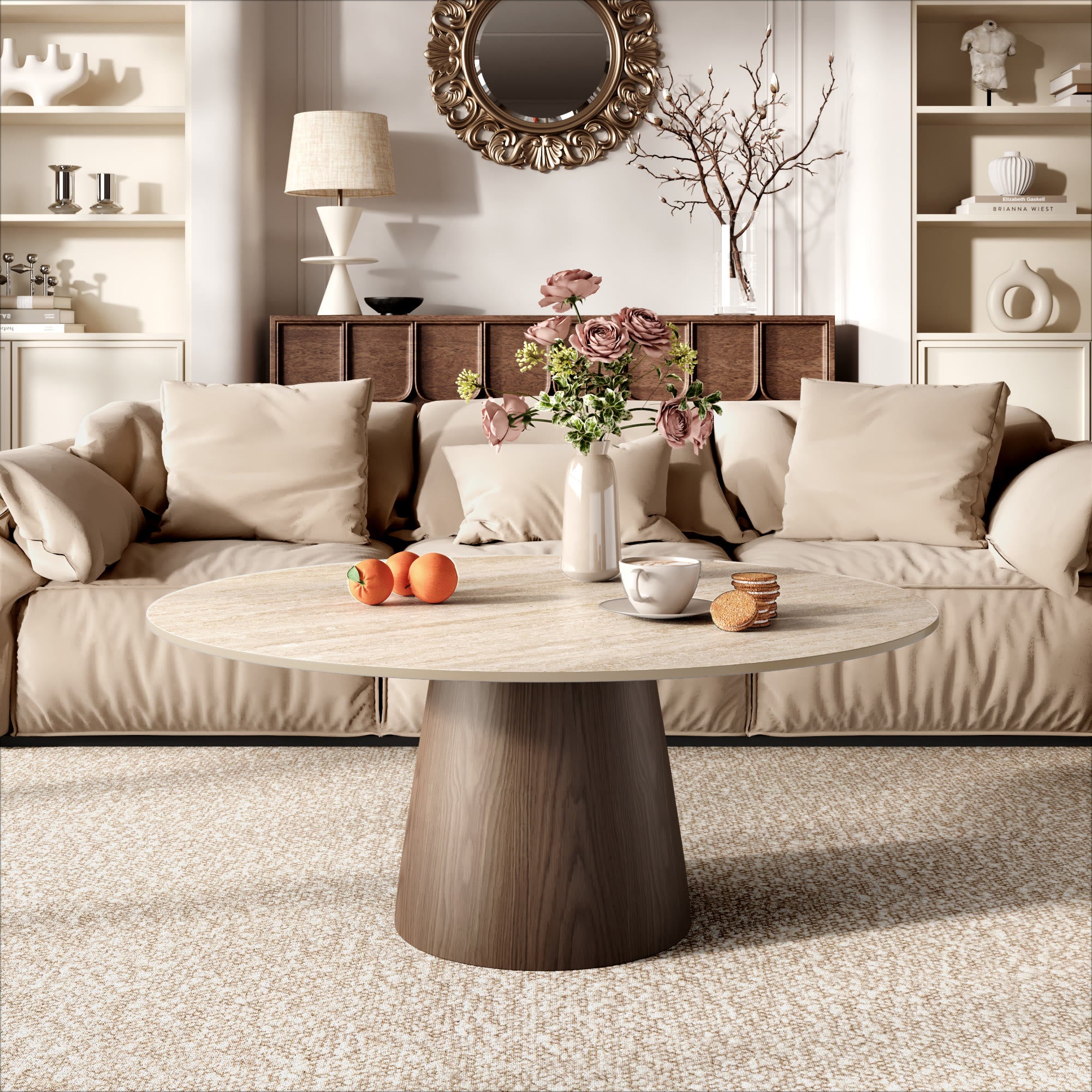 Wabi-Sabi Coffee Table: Sintered Stone Top with Solid Wood Pedestal Base - image 8