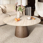 Wabi-Sabi Coffee Table: Sintered Stone Top with Solid Wood Pedestal Base - Travertine+Dark Walnut - 41" Table - image 6