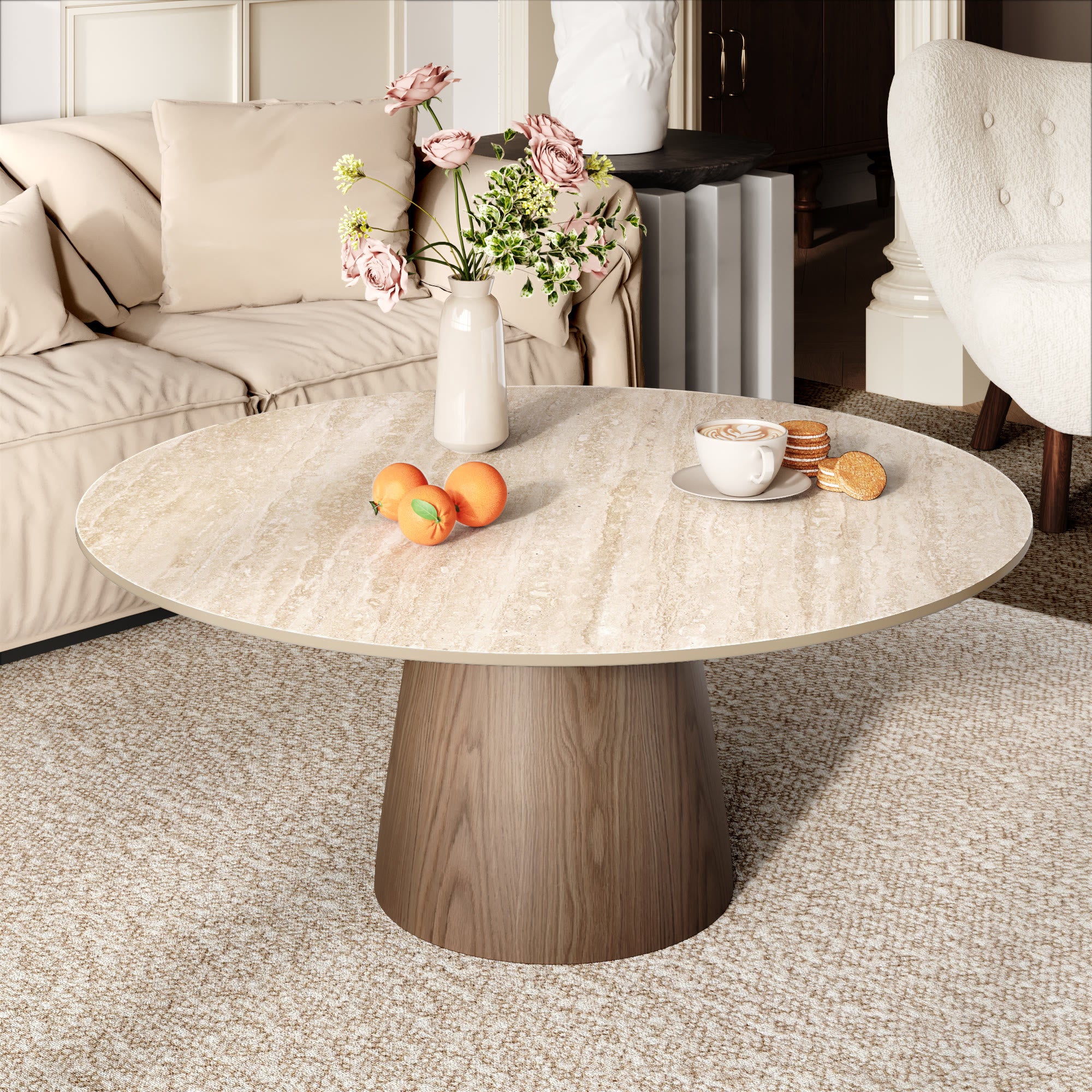 Wabi-Sabi Coffee Table: Sintered Stone Top with Solid Wood Pedestal Base - Travertine+Dark Walnut - 41" Table - image 6