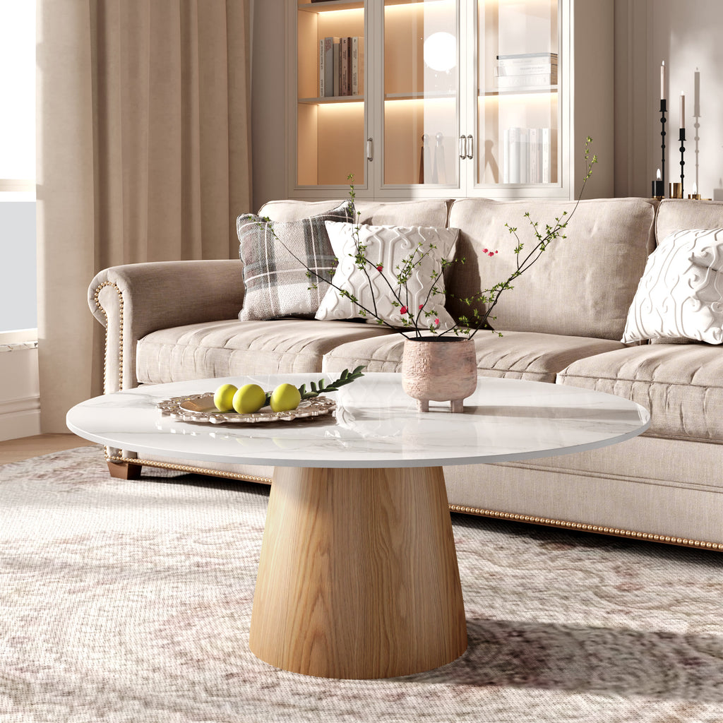 Wabi-Sabi Coffee Table: Sintered Stone Top with Solid Wood Pedestal Base - image 11