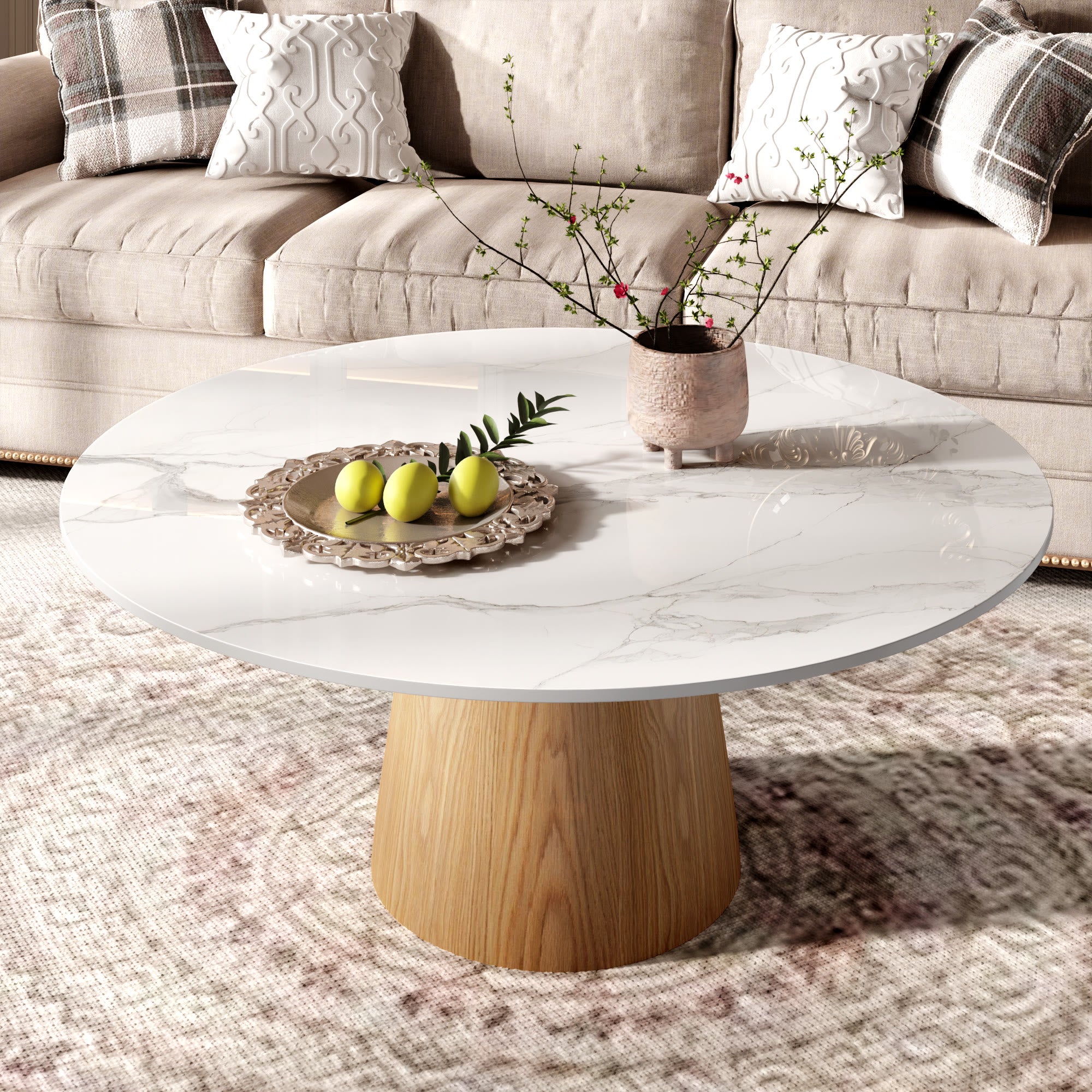 Wabi-Sabi Coffee Table: Sintered Stone Top with Solid Wood Pedestal Base - Snowy White+Wood - 41" Table - image 9