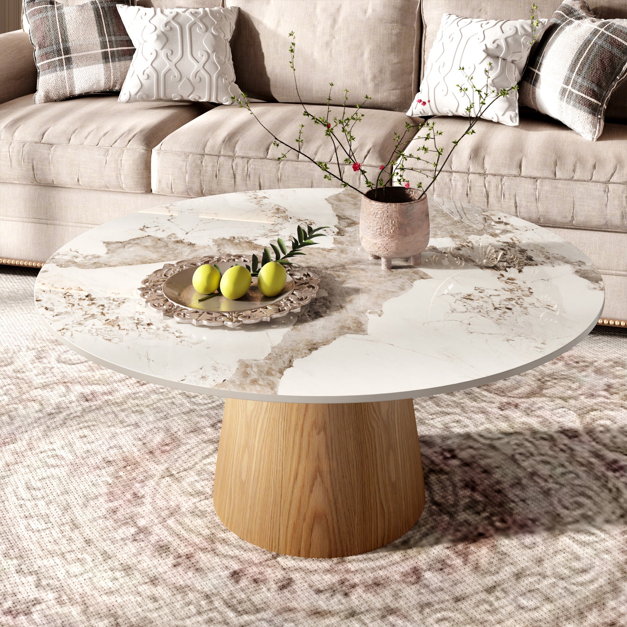 Wabi-Sabi Coffee Table: Sintered Stone Top with Solid Wood Pedestal Base - Pandora+Wood - 41" Table - image 12
